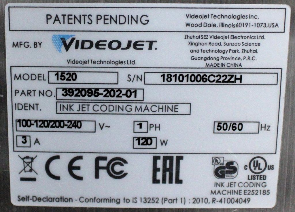 Videojet 1520 Continuous Inkjet Printer for Medium-Duty Coding Applications