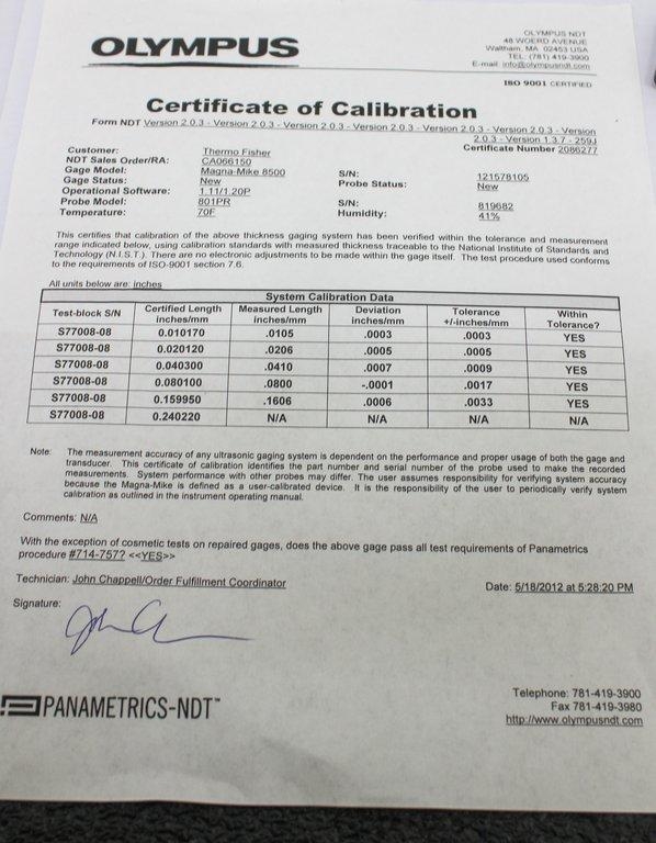 Olympus Magna-Mike 8500 Thickness Gage Hall Effect Model 801PR with Probe
