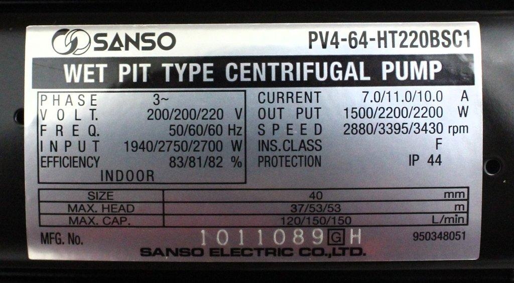 Sanso Electric Co. HRZ-S0099 Wet Pit Centrifugal Pump 200-220V 50Hz/60Hz