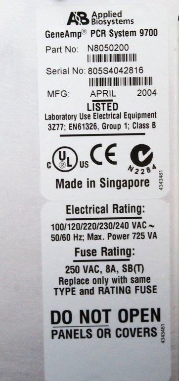 Applied Biosystems GeneAmp PCR System 9700 96-Well Block VG Condition