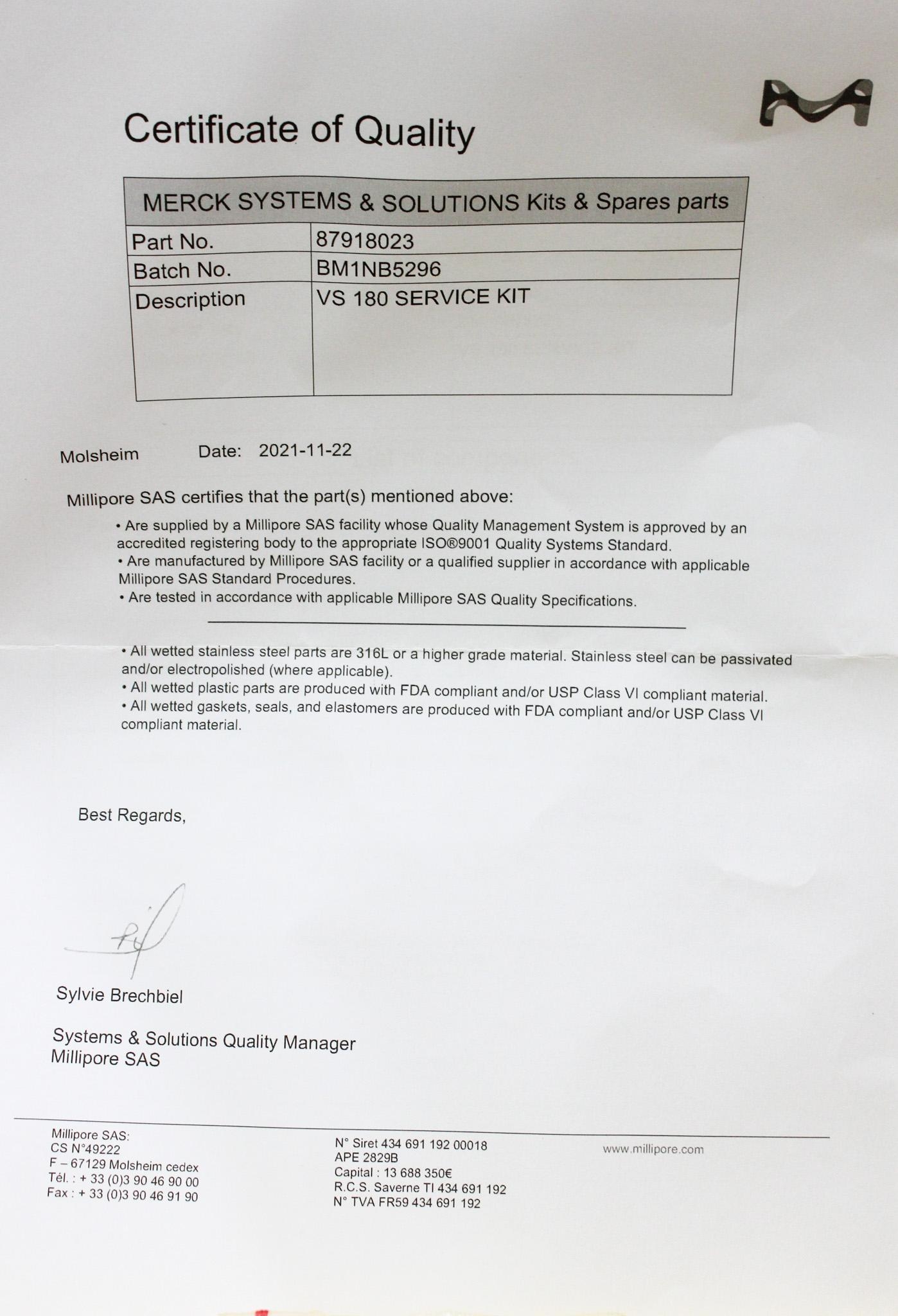 Millipore VS180 Service Kit 87918023 Maintenance and Seal Kit Components