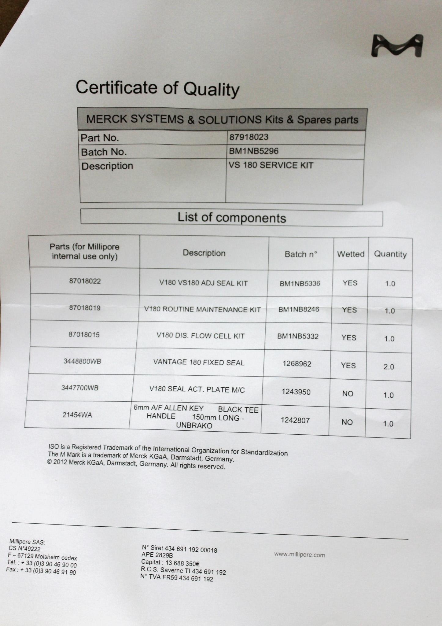Millipore VS180 Service Kit 87918023 Maintenance and Seal Kit Components