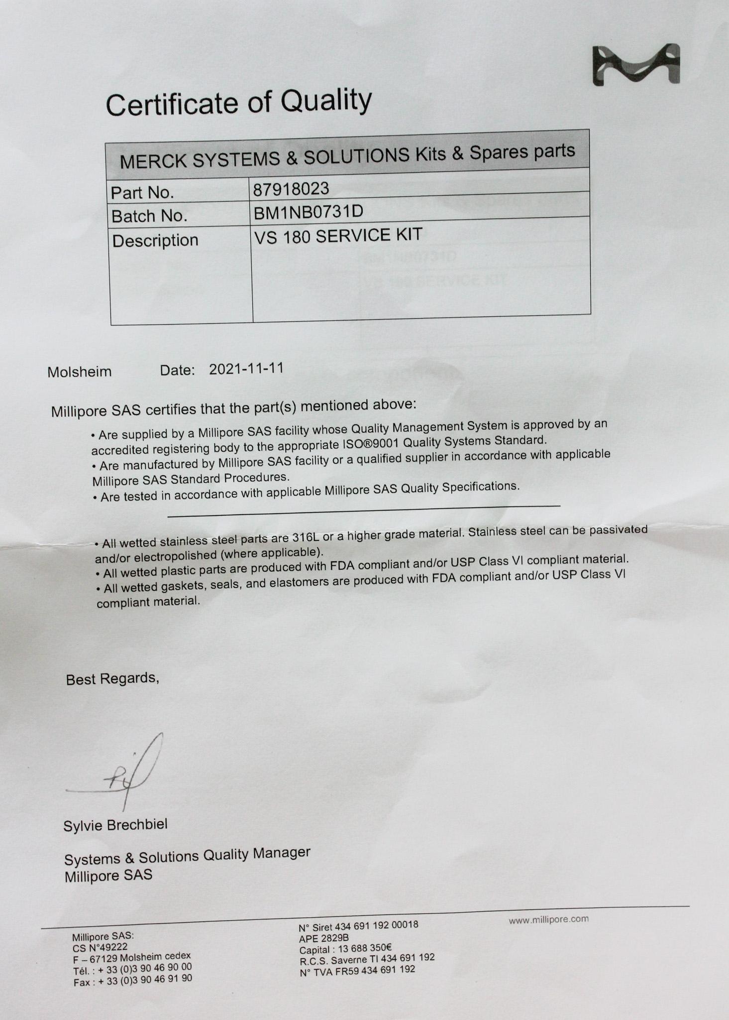 Millepore VS180 Service Kit 87918023 Laboratory Maintenance Tools