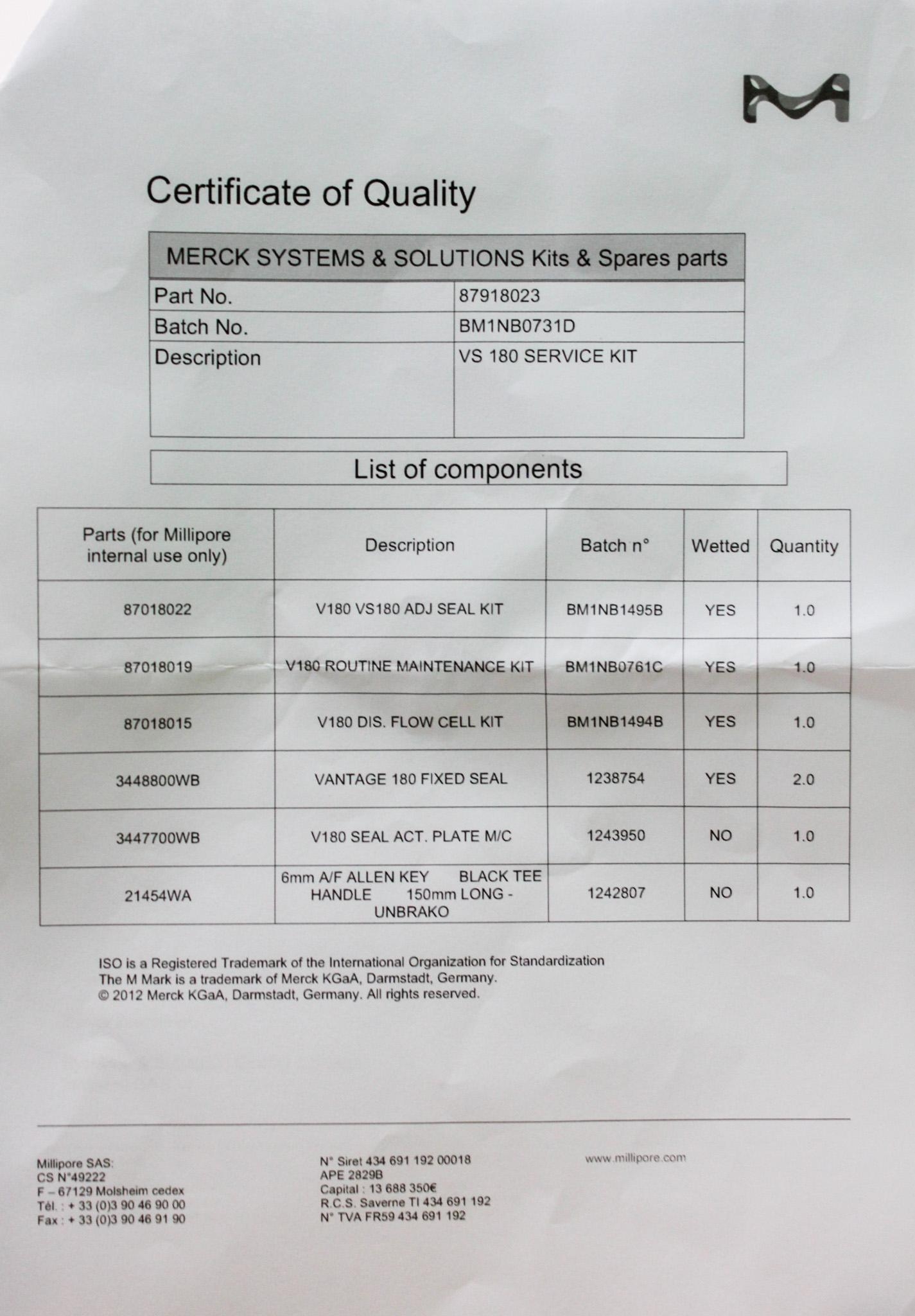 Millepore VS180 Service Kit 87918023 Laboratory Maintenance Tools