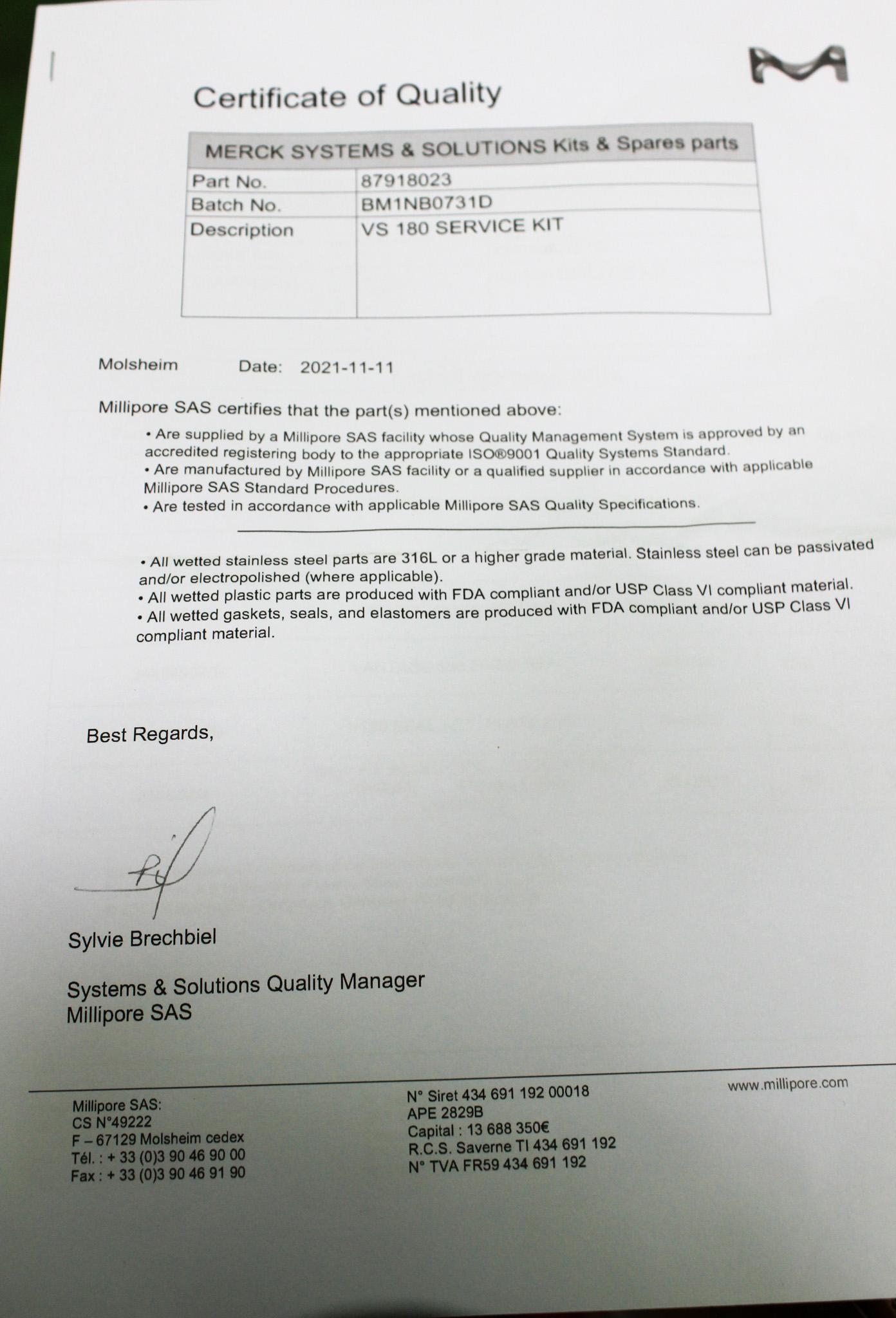 Millepore VS180 Service Kit 87918023 Laboratory Maintenance Setup