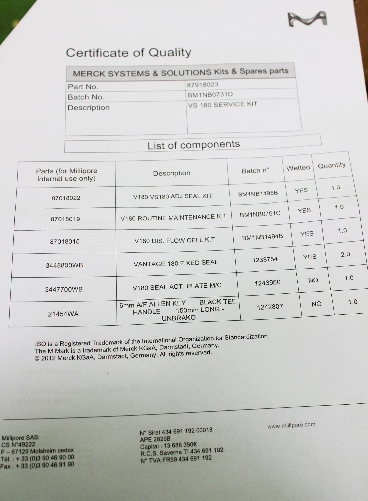 Millepore VS180 Service Kit 87918023 Laboratory Maintenance Setup