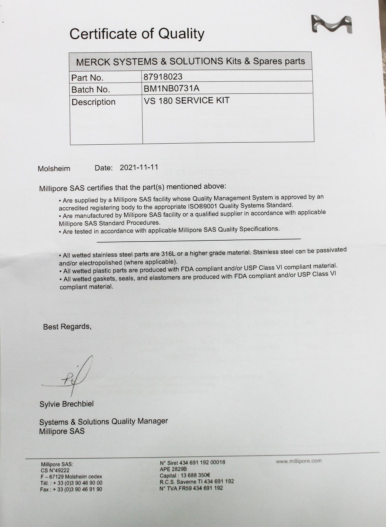 Millipore VS180 Service Kit 87918023 for Routine Laboratory Maintenance