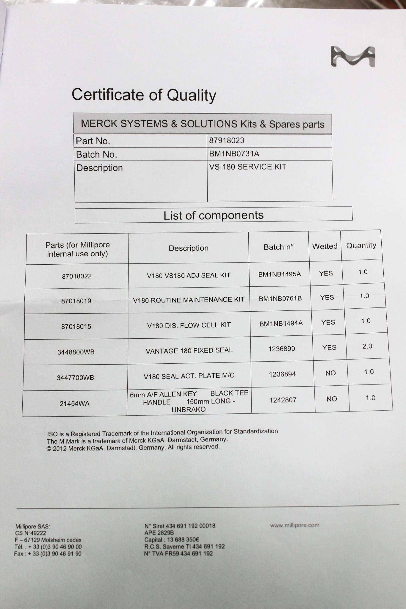 Millipore VS180 Service Kit 87918023 for Routine Laboratory Maintenance