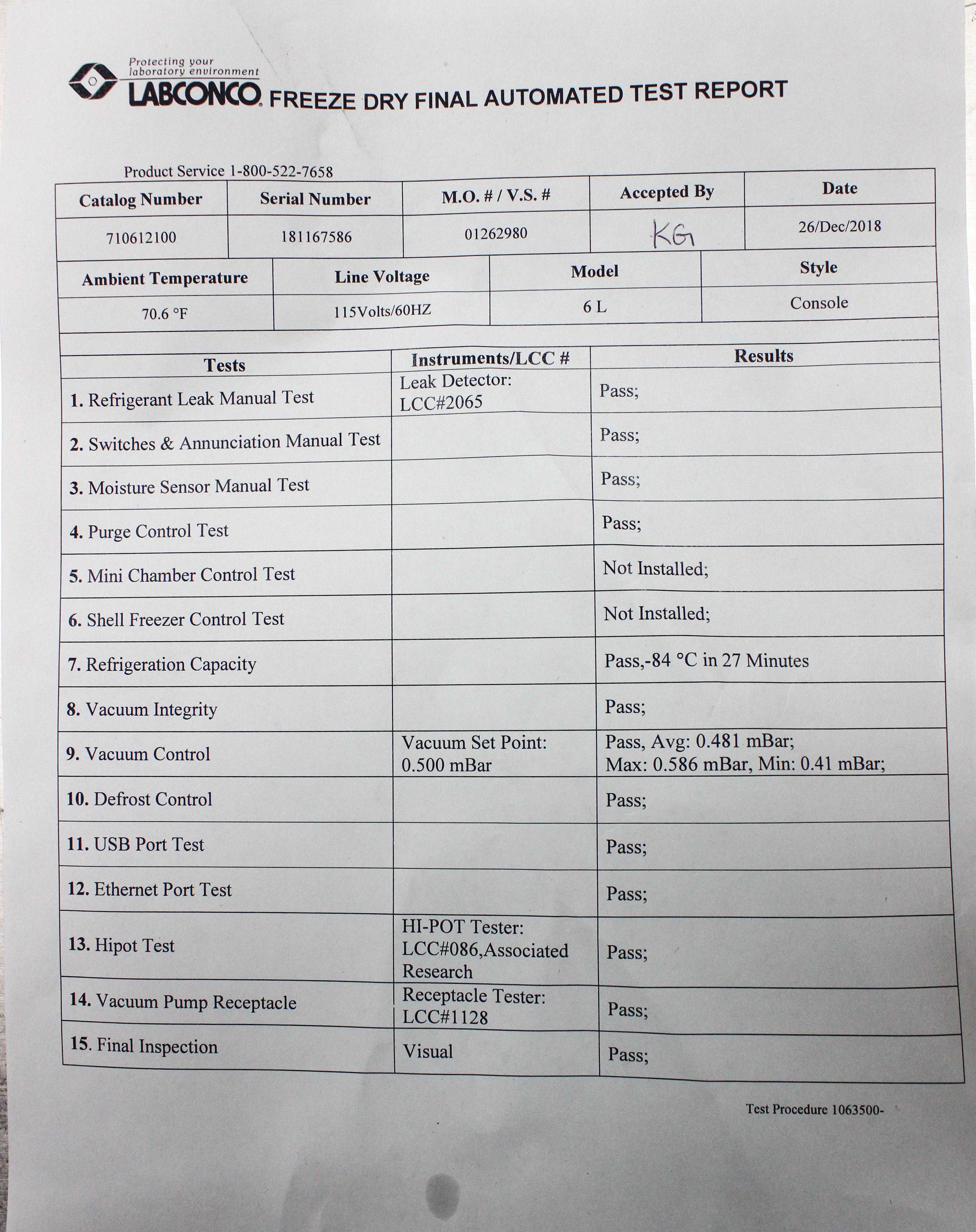 Labconco FreeZone 6 Plus Freeze Dryer 6L -84C Vacuum Lyophilizer