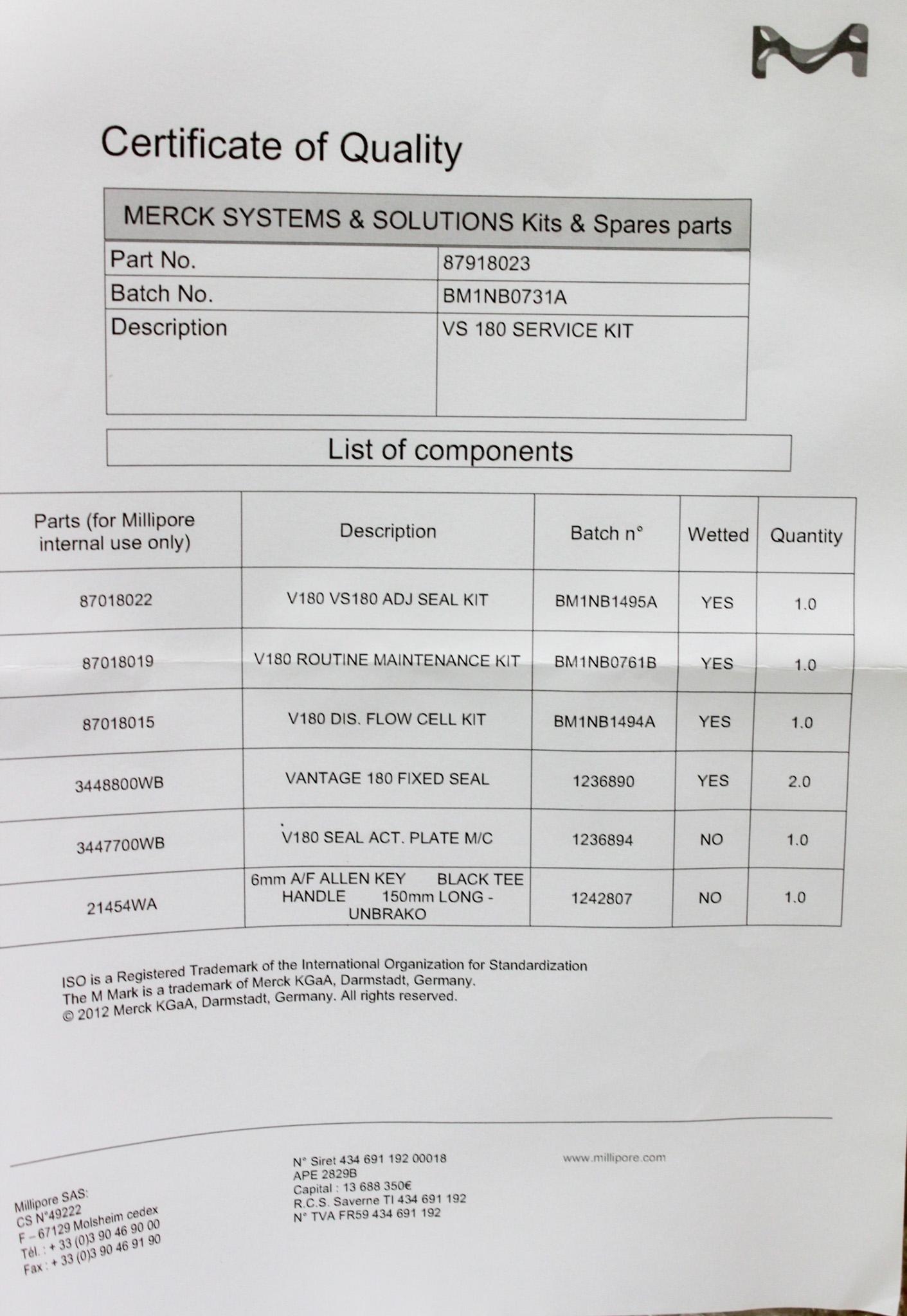 Millepore VS180 Service Kit 87918023 Laboratory Maintenance Kit