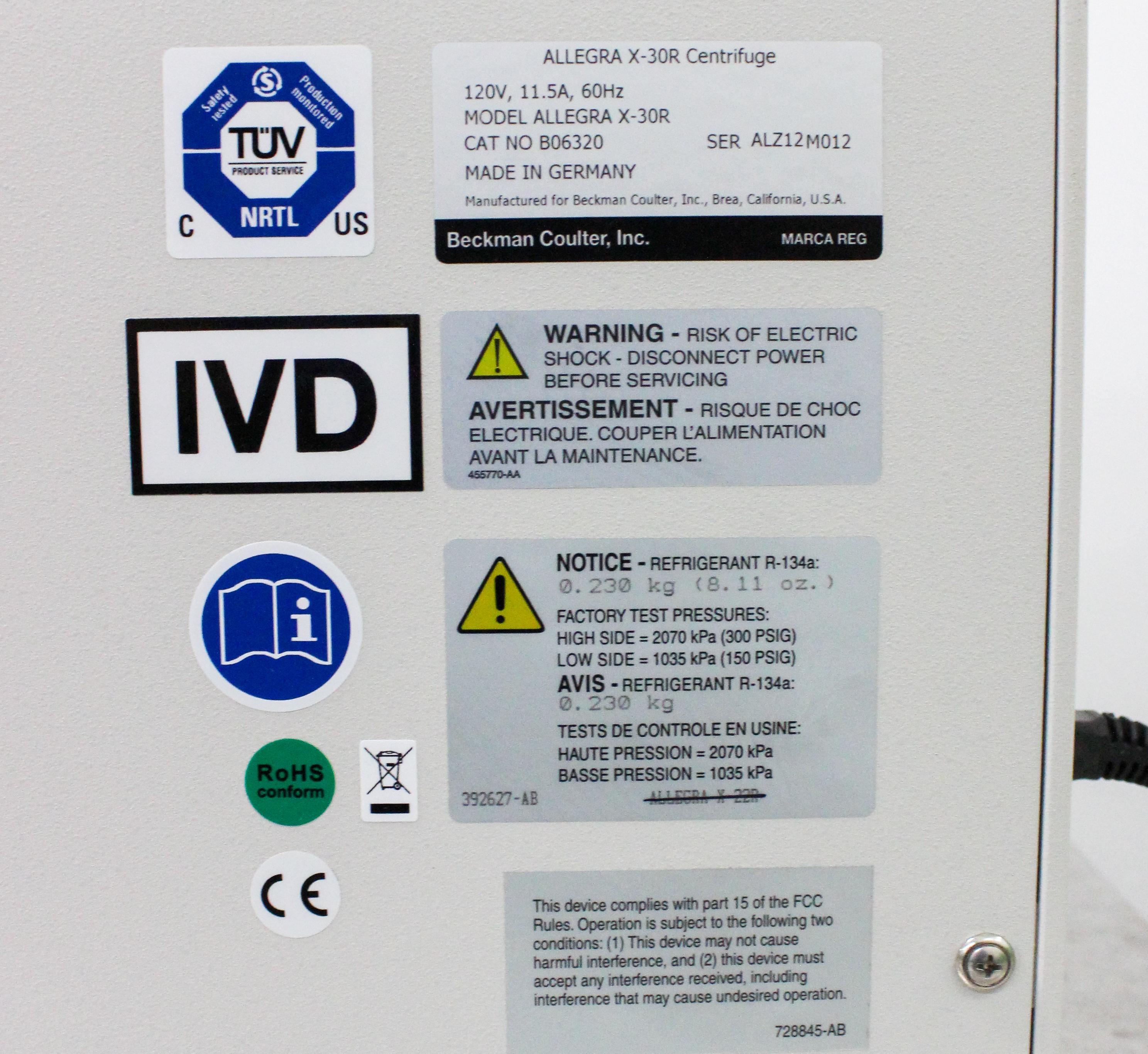 Beckman Coulter Allegra X-30R Centrifuge with 18,000 RPM, 120V, Refrigerated