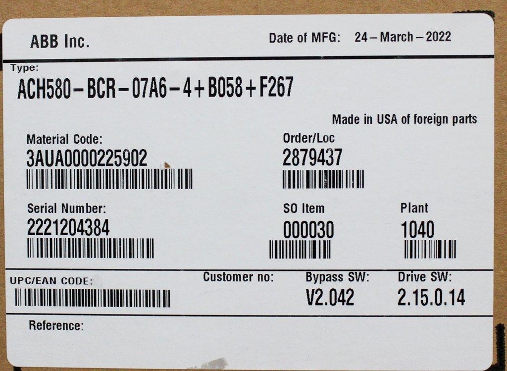 ABB ACH580 HVAC Drive Bypass 5 Hp 7.6A 3-Phase NEMA 3R for Fans Pumps