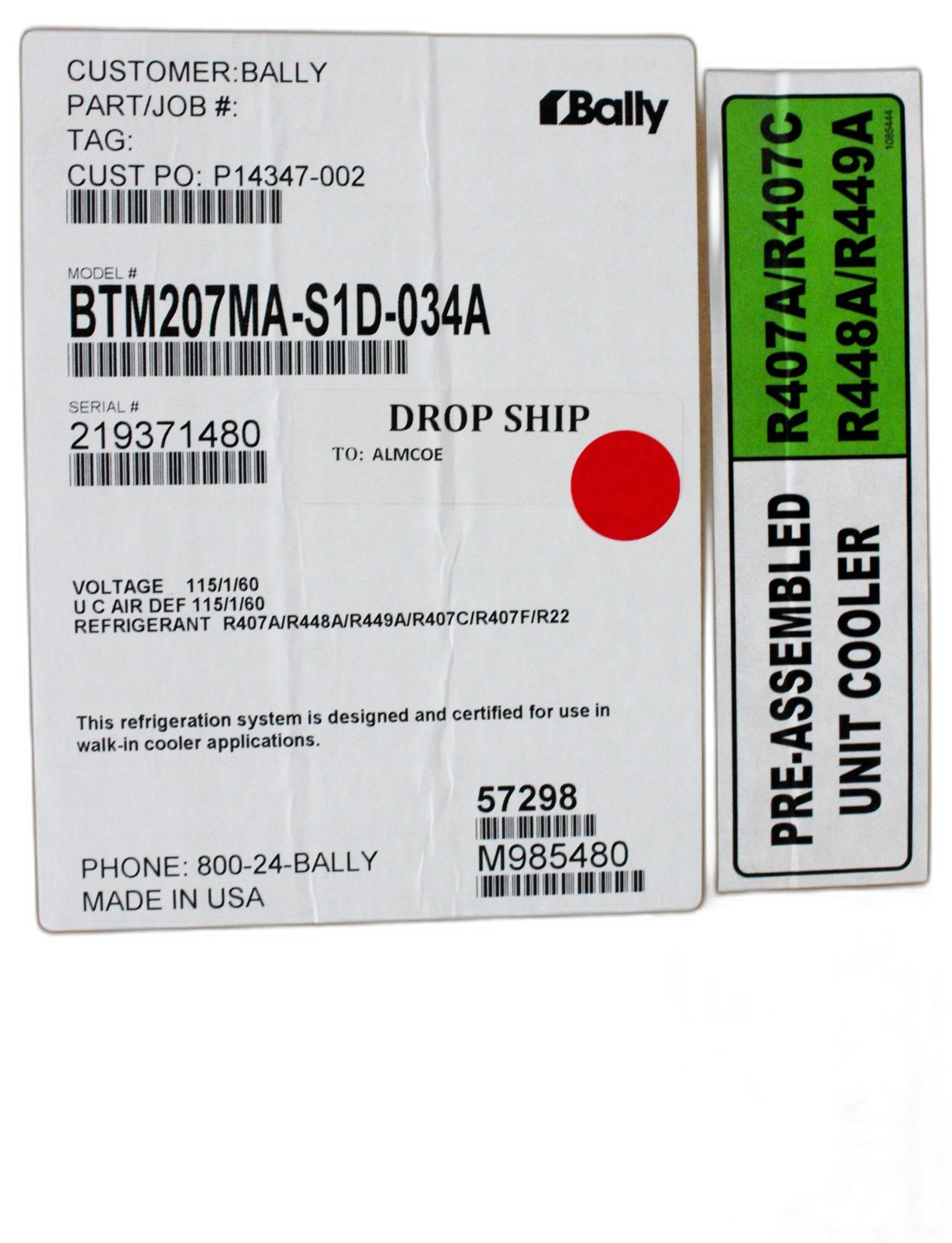 Bally BTM207MA-S1D-034A Two-Way Evaporator with A421ABC-02C 115V 60Hz