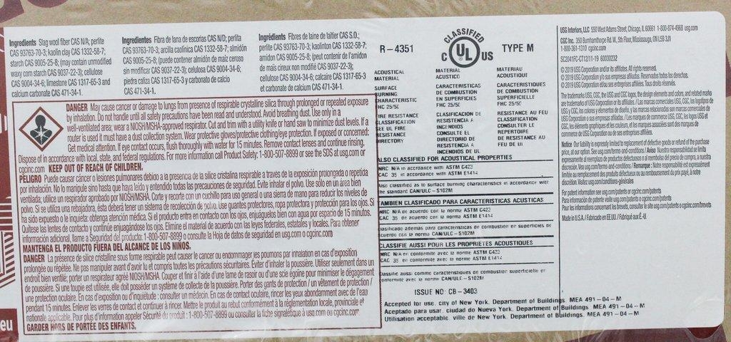 USG Ceilings Clean Room 100 Acoustical Panels Sound Absorption Firecode