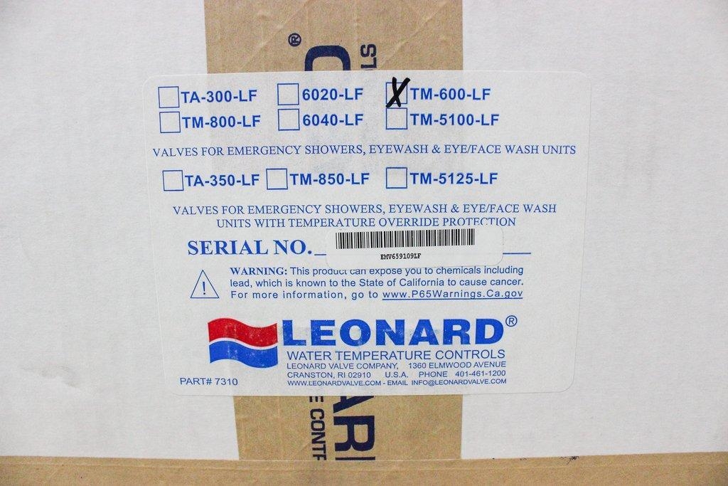 Leonard TM-600-LF Drench Shower Valve 90F Max Temp, 58GPM, Thermostatic Mixing