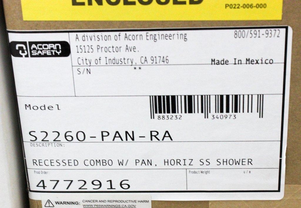 Acorn S2260-PAN-RA Safety Recessed Eye-Face Wash Horiz Shower Barrier-Free