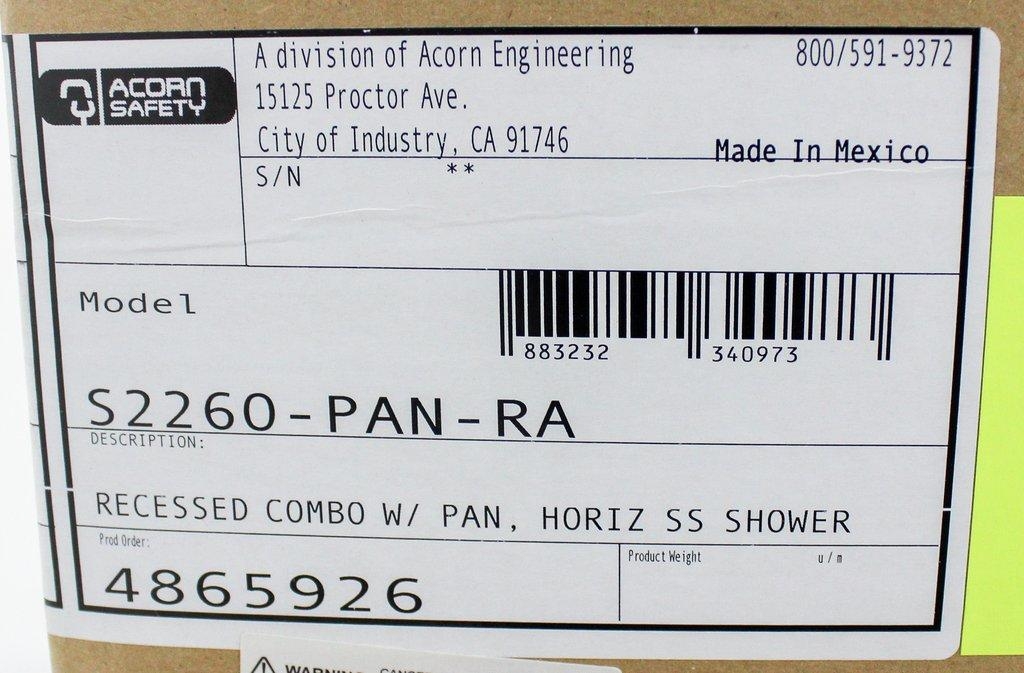 Acorn S2260-PAN-RA Face Wash Station Emergency Shower Combo SS