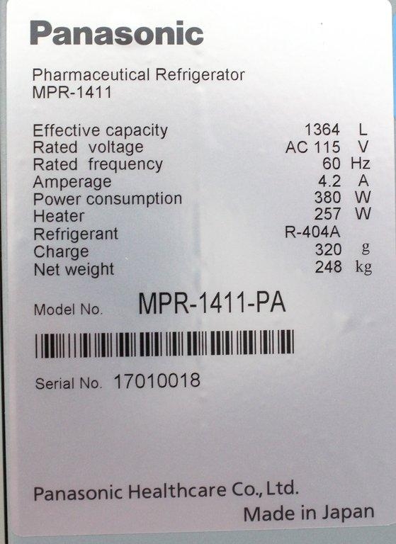 Panasonic MPR-1411-PA Pharmaceutical Refrigerator 2-23C 48.2 cu ft Capacity