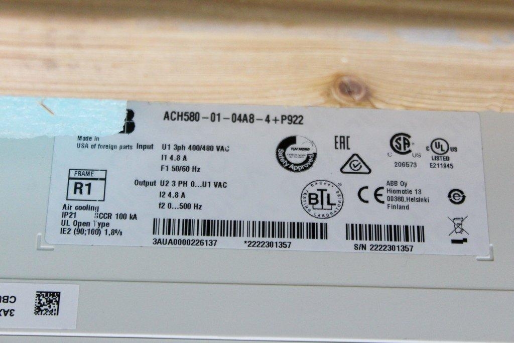 ABB ACH580 HVAC Systems Drive with 3HP 4.8A Output Circuit Breaker 2022