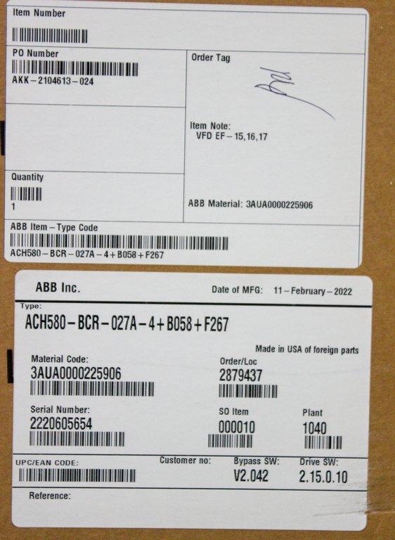 ABB ACH580 Bypass Motor Control System Turnkey 400/460V 2022