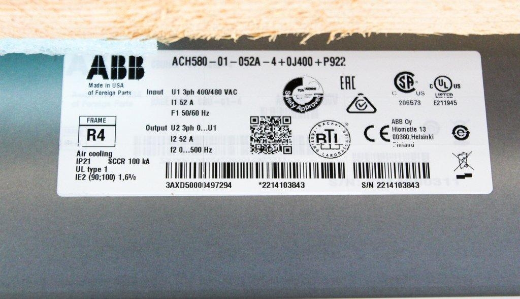 ABB ACH580-PCR-052A-4 VFD Circuit Breaker 40HP HVAC Drive 460V 52A