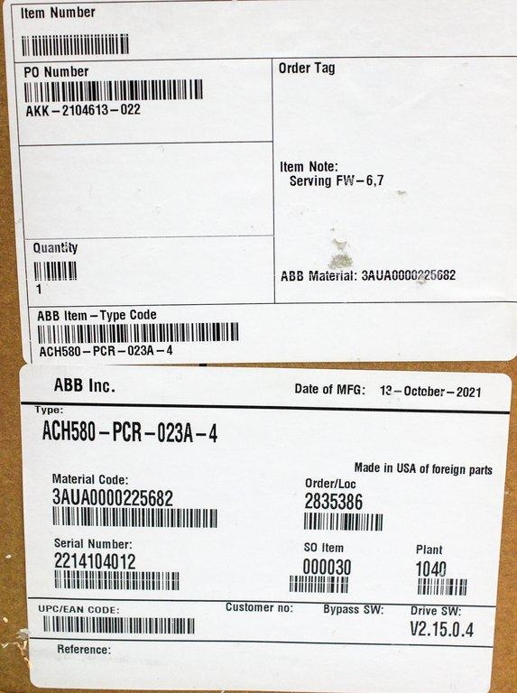 ABB ACH580-PCR-023A-4 HVAC AC Drive 15HP 480V Energy-Efficient Operation