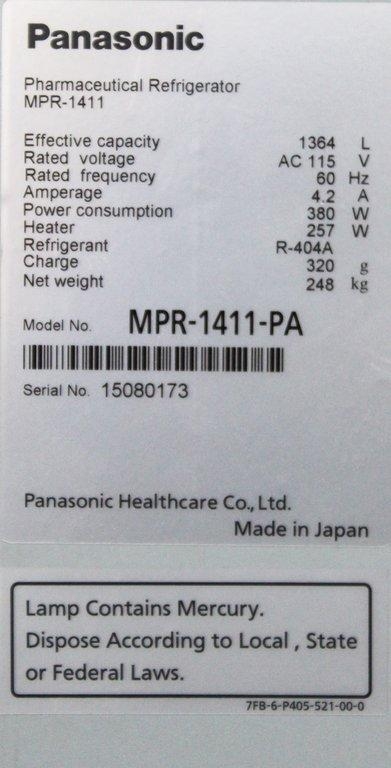 Panasonic MPR-1411-PA Pharmaceutical Refrigerator Precision Temp Control 48.2 cu ft