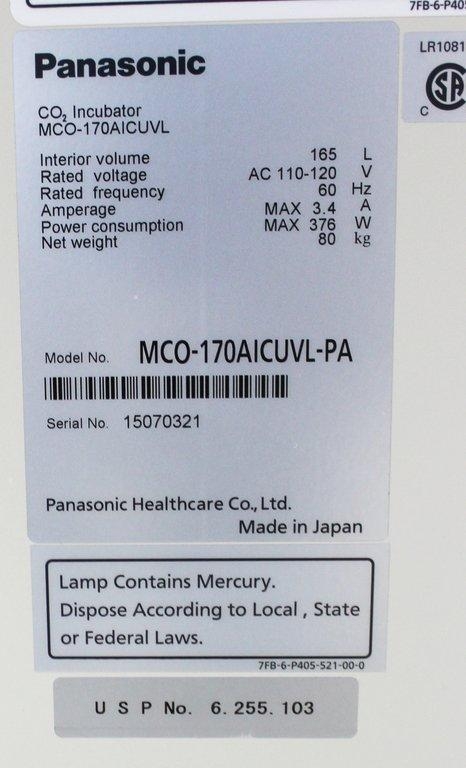 Panasonic MCO-170AICUVL-PA CO2 Incubator 165L 0-20% CO2 with UV Lamp LCD