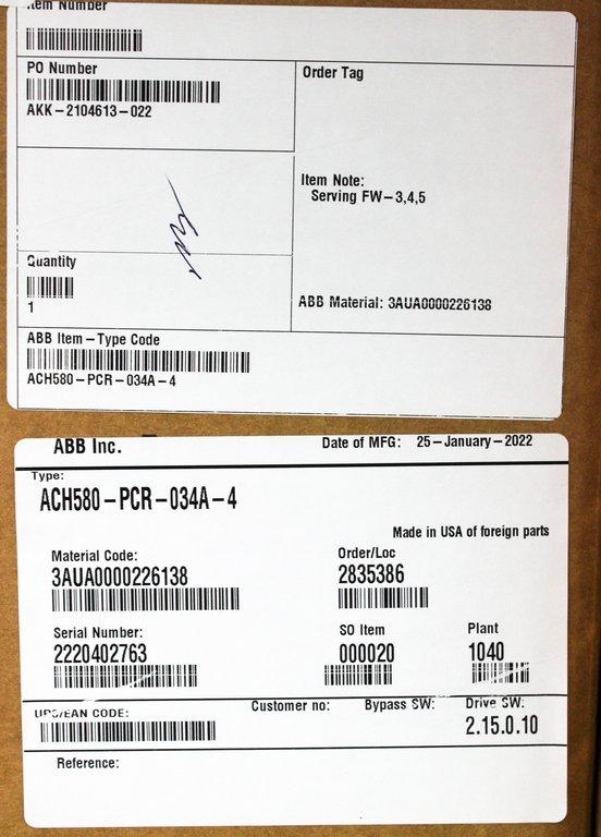 ABB ACH580-PCR-034A-4 HVAC AC Drive 25HP 34.0A 480V Wall-Mounted 2022