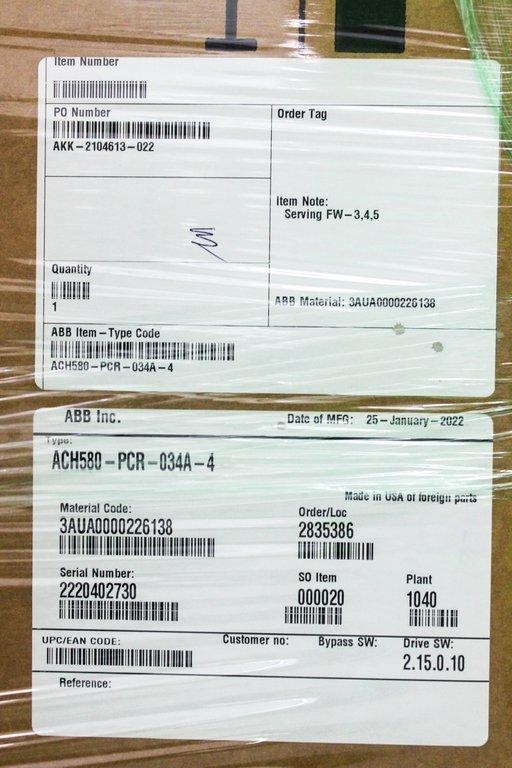 ABB ACH580-PCR-034A-4 HVAC AC Drive, 25HP, 480V, 34A, Wall-Mounted