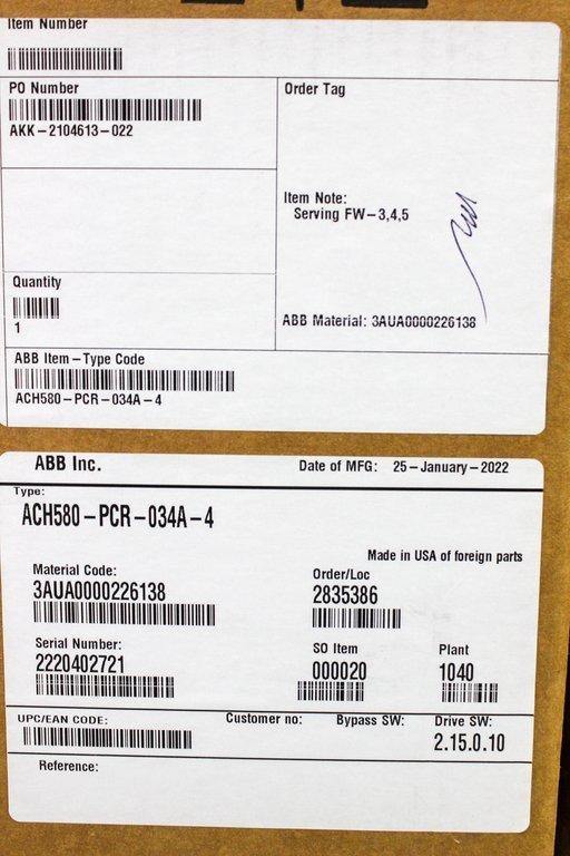 ABB ACH580 Drive 25HP AC HVAC 480V 34A Wall-Mounted Energy Efficient