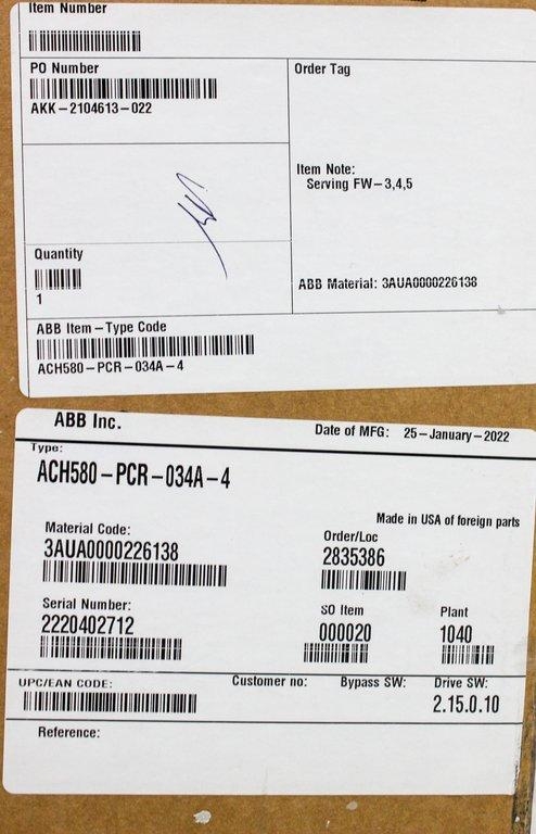 ABB ACH580-PCR-034A-4 HVAC Drive 25HP Bluetooth Wall-Mount 480V 34.0A VT N1