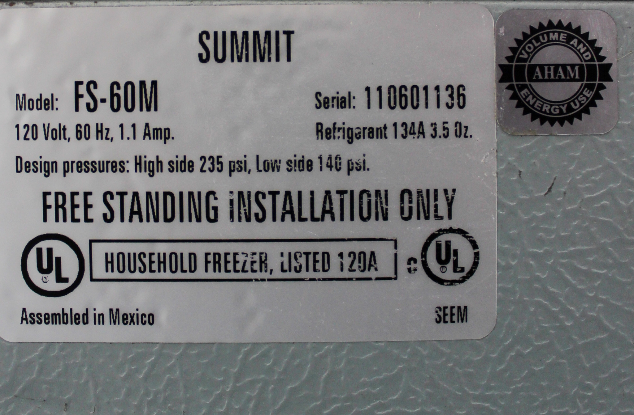 Summit FS-60M Freezer 5.0 cu. ft. Manual Defrost Adjustable Temperature 120V