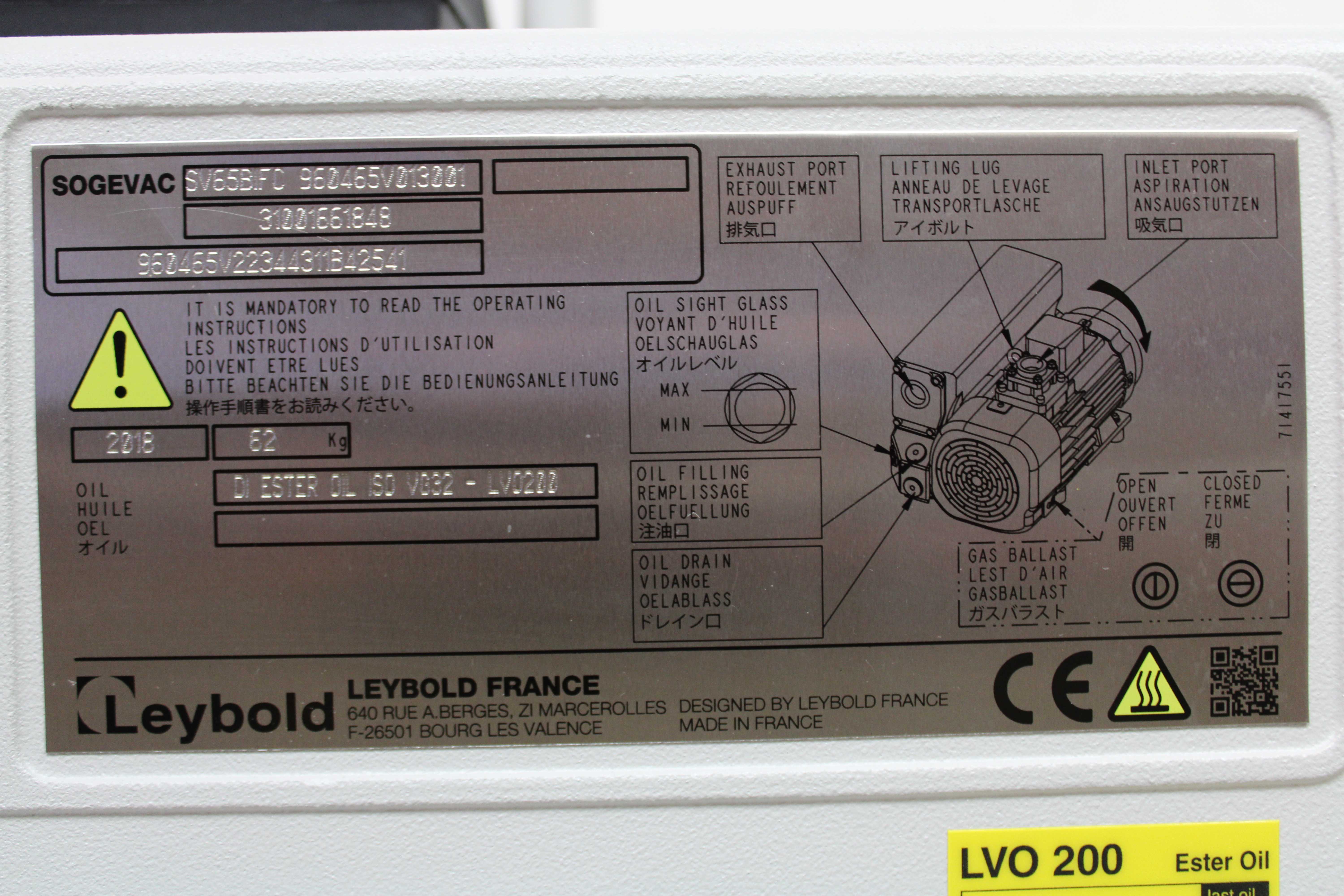 Leybold Sogevac SV65BIFC Vacuum Pump US Made Low Noise Industry Use
