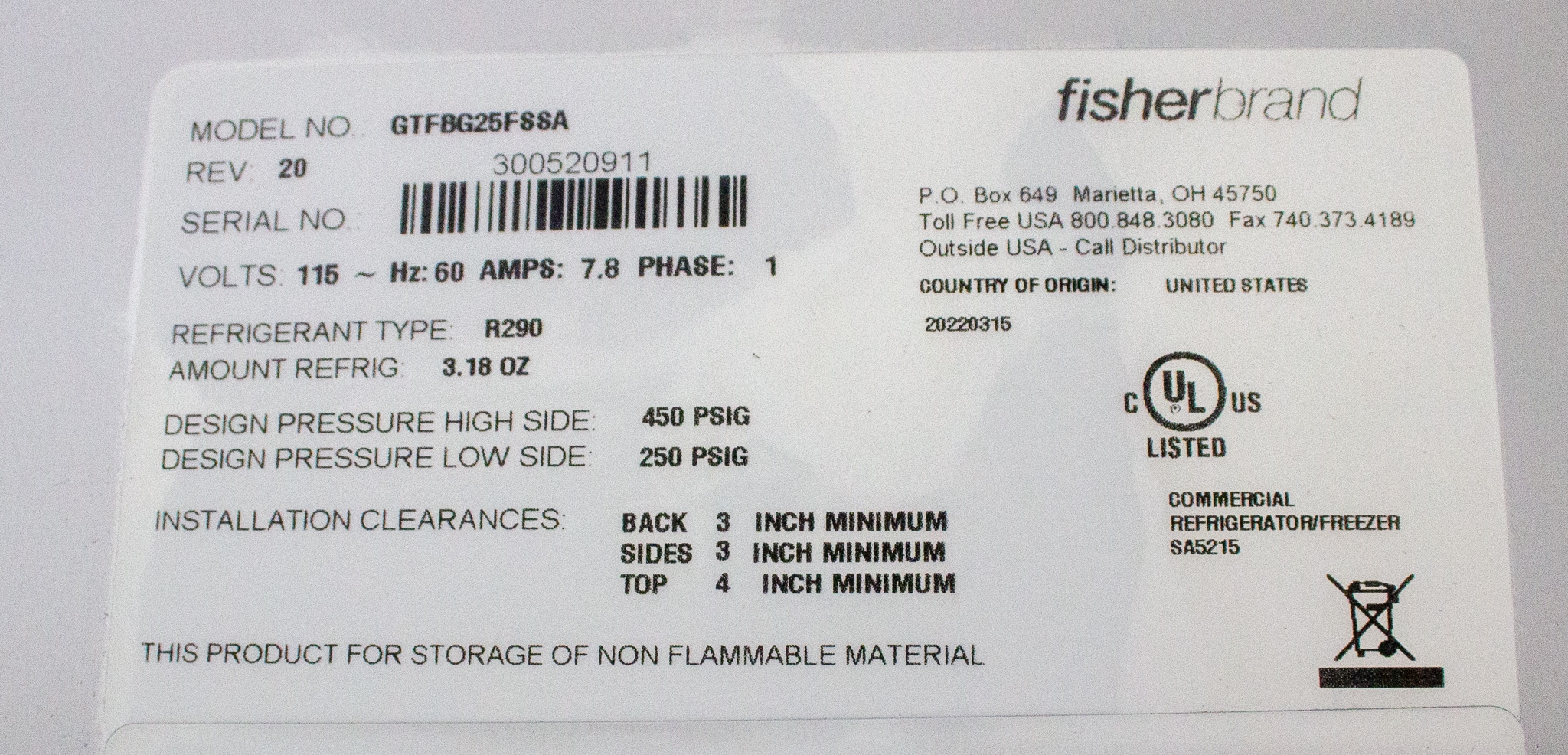 Fisher GTFBG25FSSA Laboratory Freezer -29C 45kg Capacity 120V Used