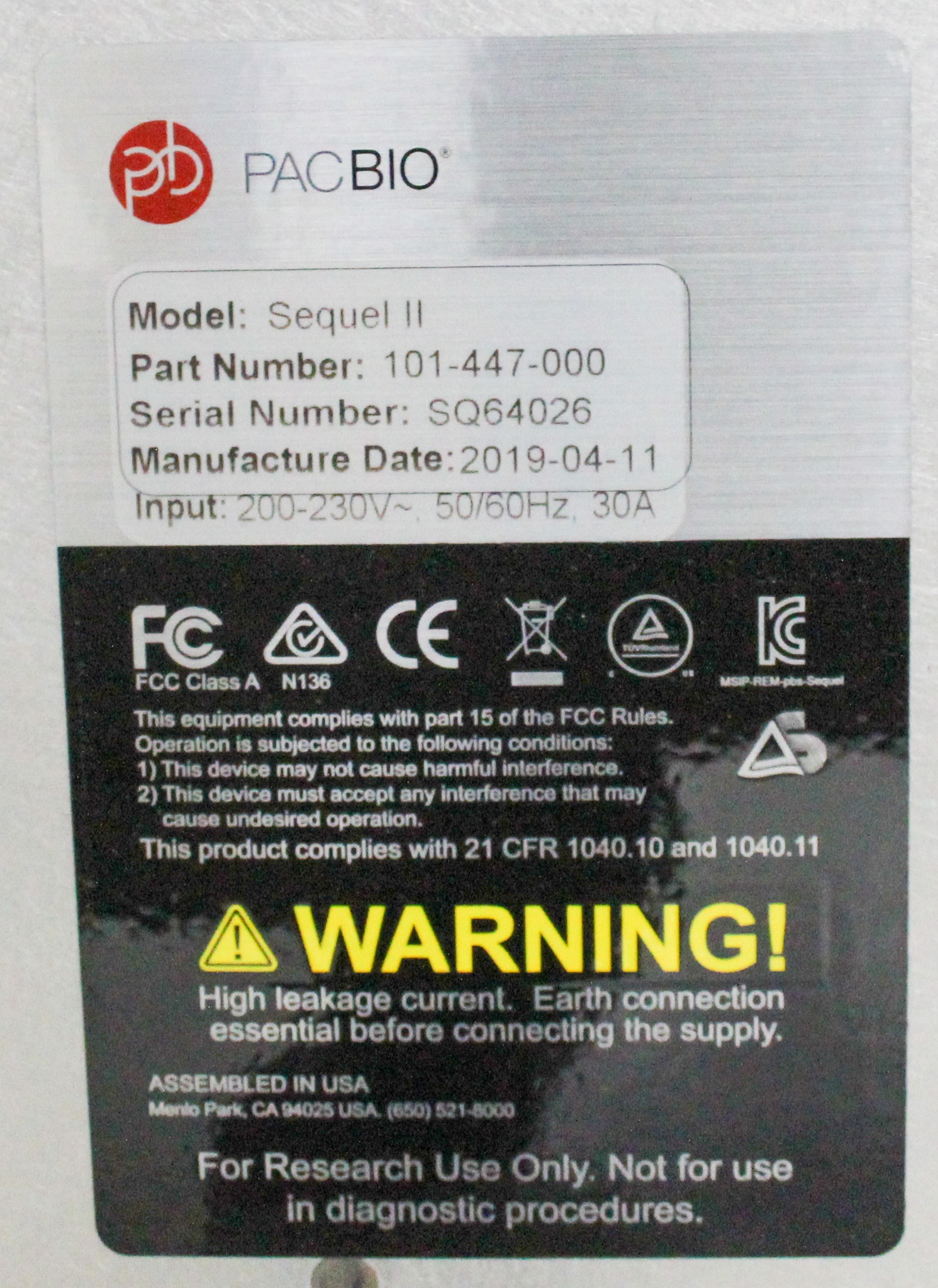 PacBio Sequel II DNA Sequencer Long Read Genome Analysis 220V 50Hz/60Hz