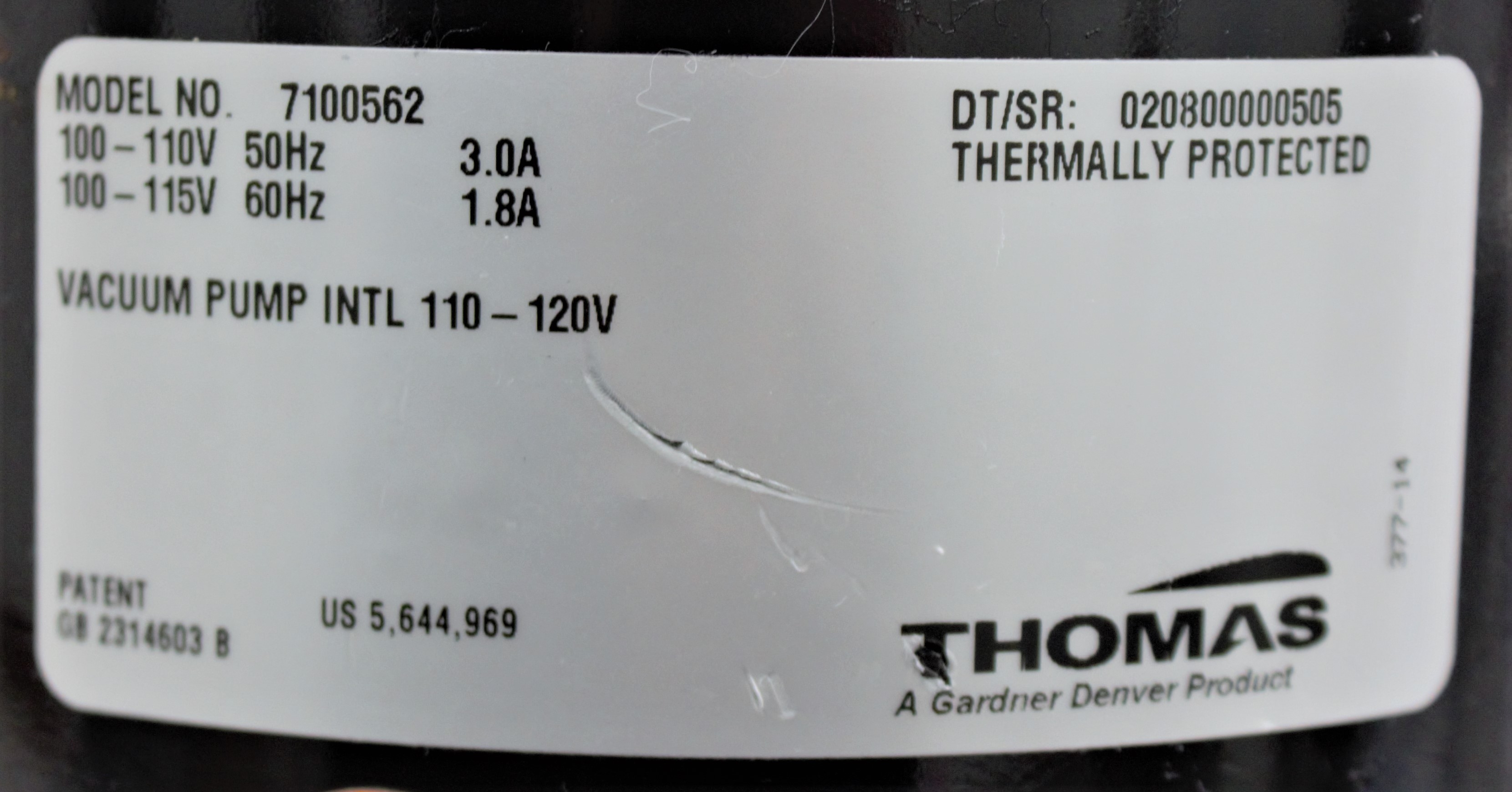 Thomas 7100562 Piston Vacuum Pump 2.7 CFM Oil-less Stainless Valves