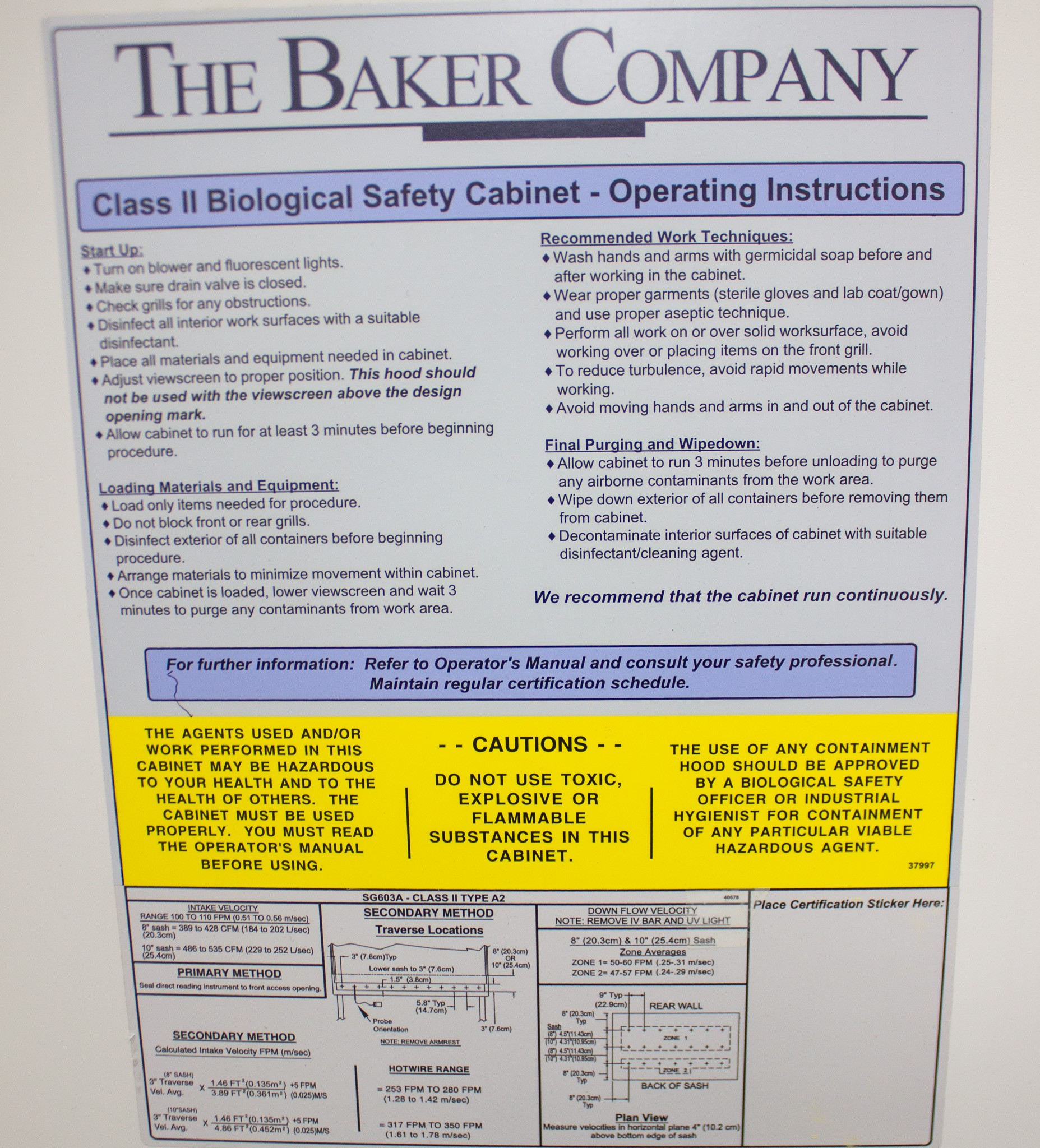 Baker SG603 Class II A2 Biosafety Cabinet, Vertical Laminar Flow, HEPA Filter