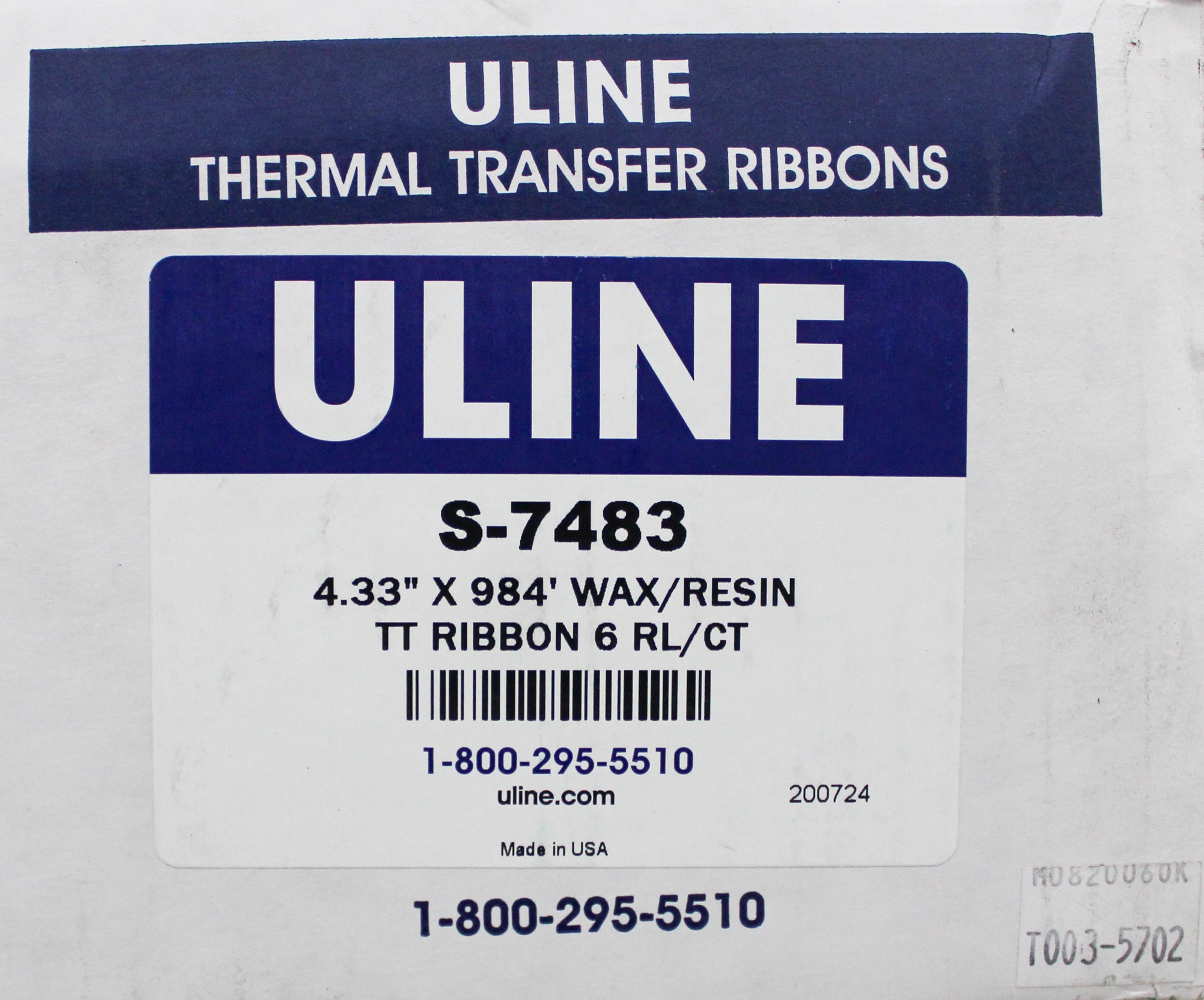 Uline S-7483 Thermal Transfer Ribbon Wax 4.33x984 - Industrial Printer Use