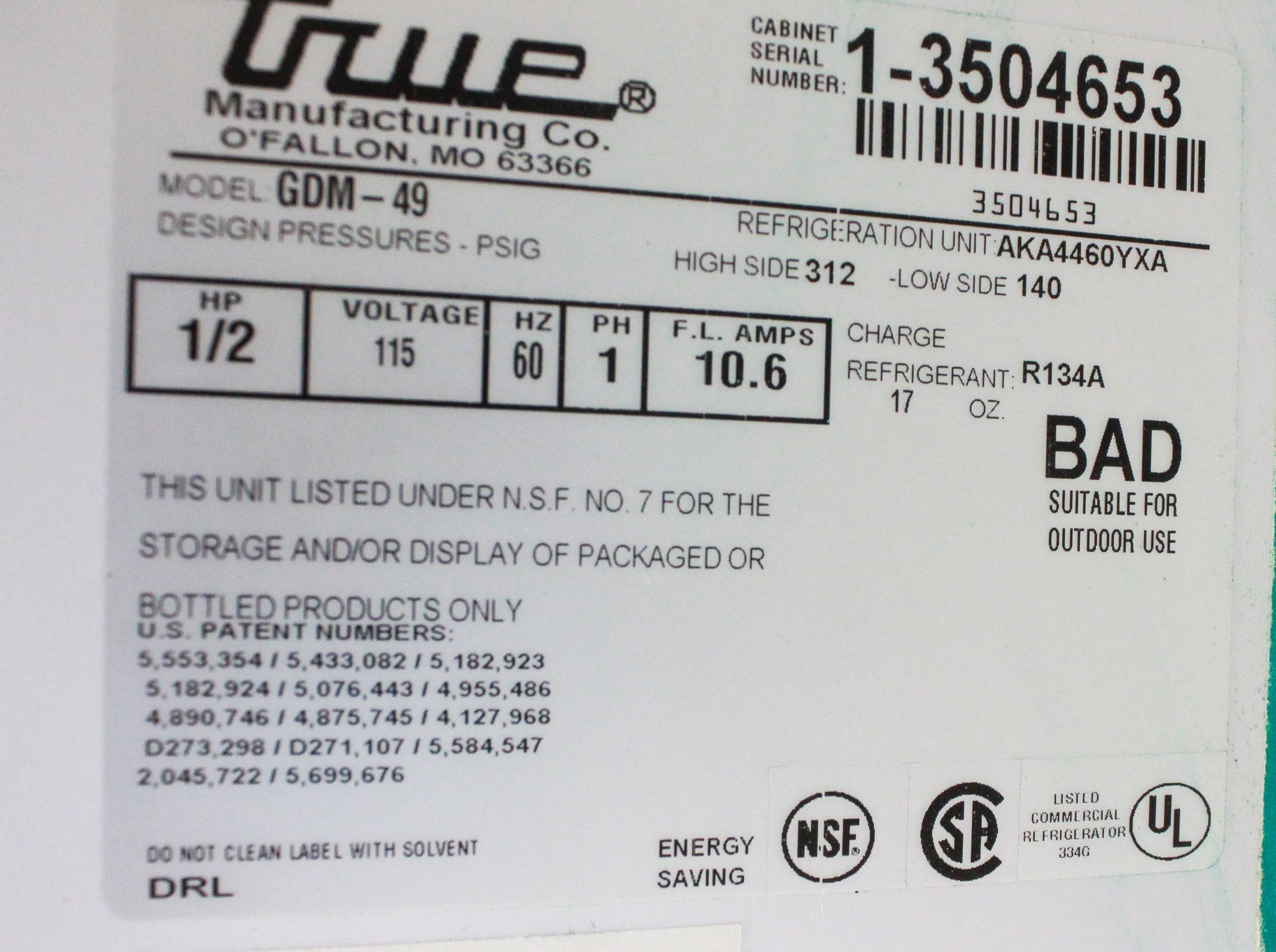 VWR True GDM-49 Refrigerator Dual Glass Door 49 Cu Ft 33F-38F LED Light