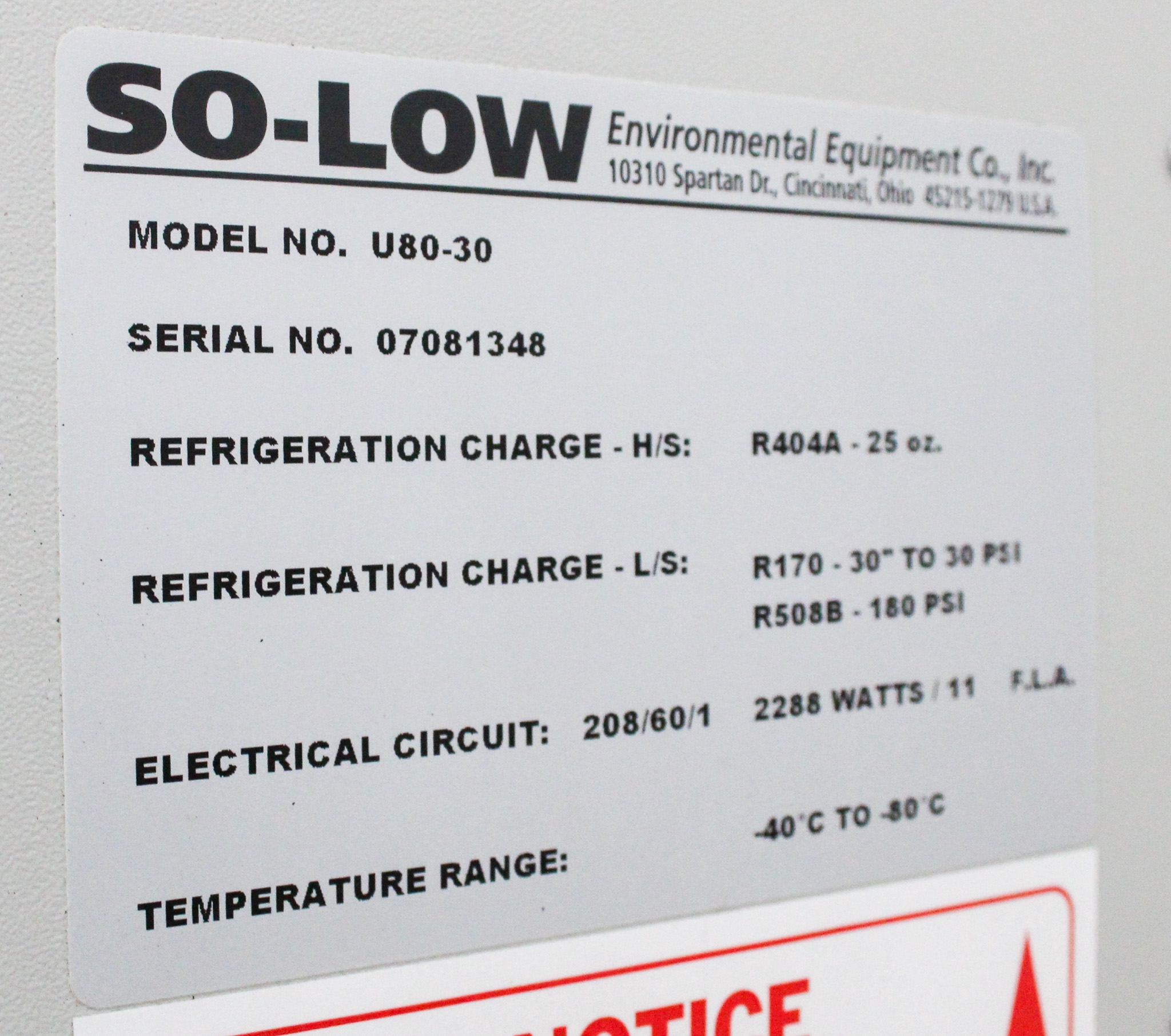 So-Low U80-30 Freezer Ultra Low Temperature -40C to -80C 31 cu ft