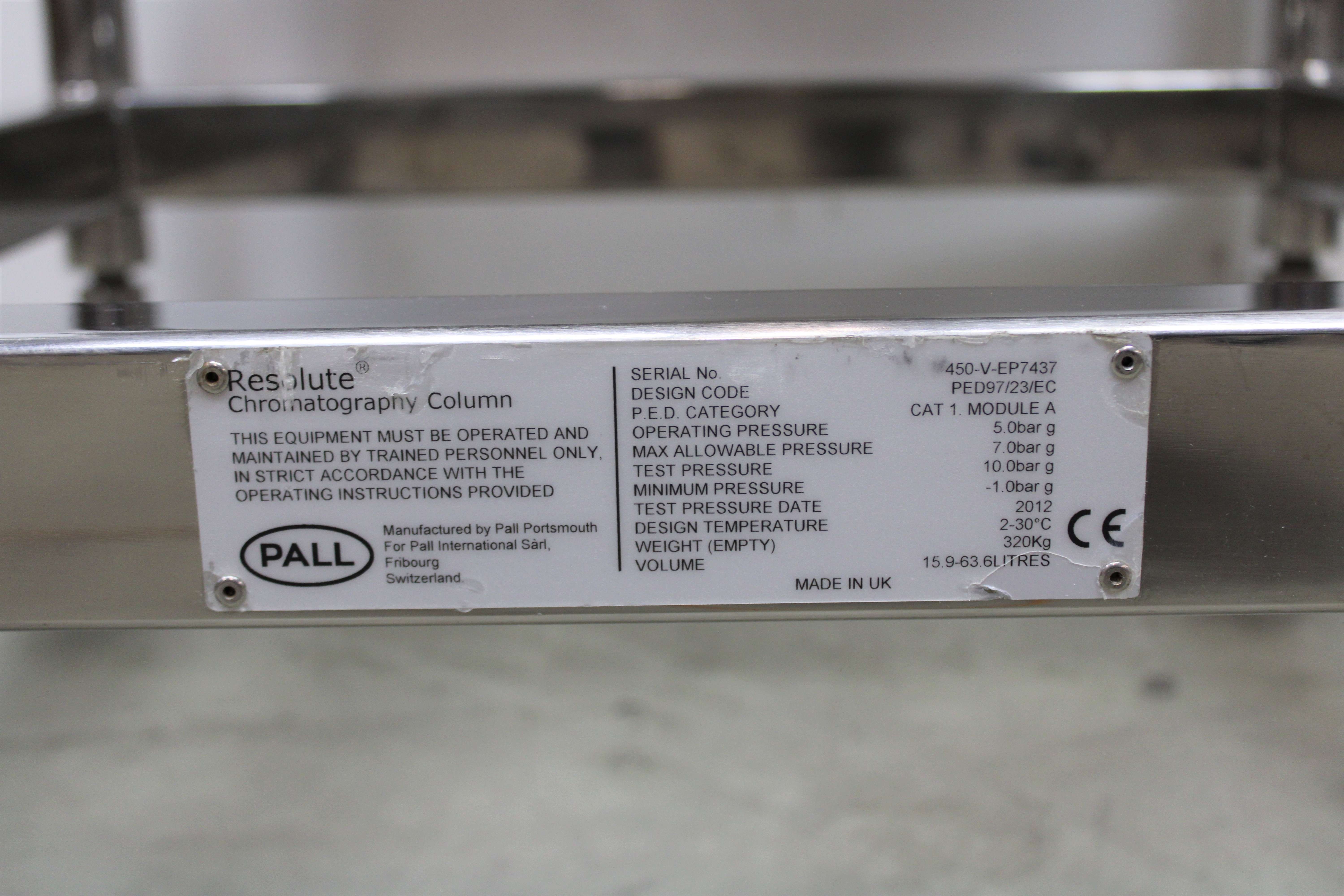 Pall PED 97/23/EC Chromatography Column, 50.3-150.8L, Adjustable Bed Height