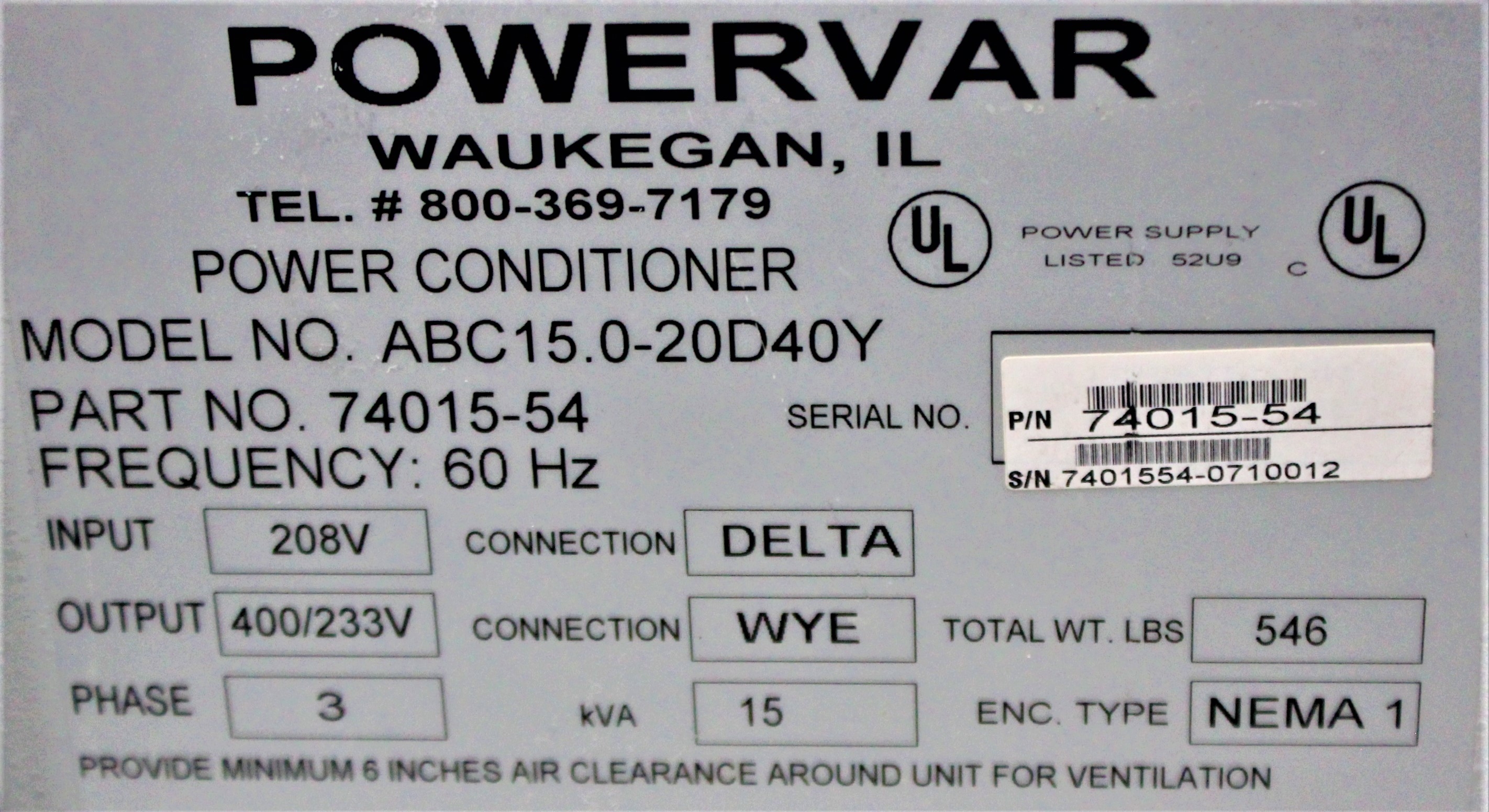 Powervar ABC15.0-20D40Y Power Supply UPS with Isolation Transformer 220V