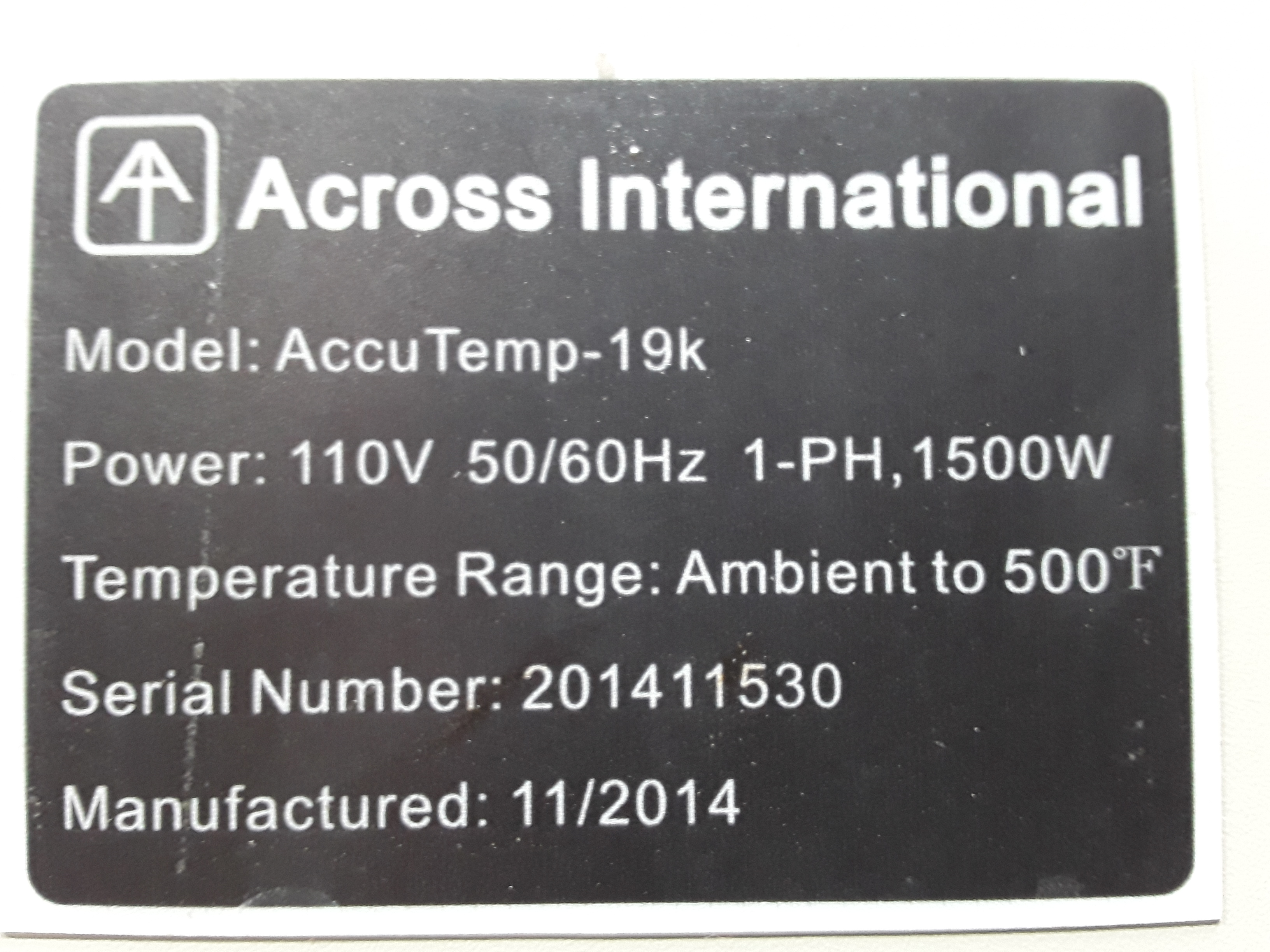 Across International Vacuum Oven AccuTemp-19K 120V 50/60Hz 1-PH 1500W Ambient to 500F Degrees
