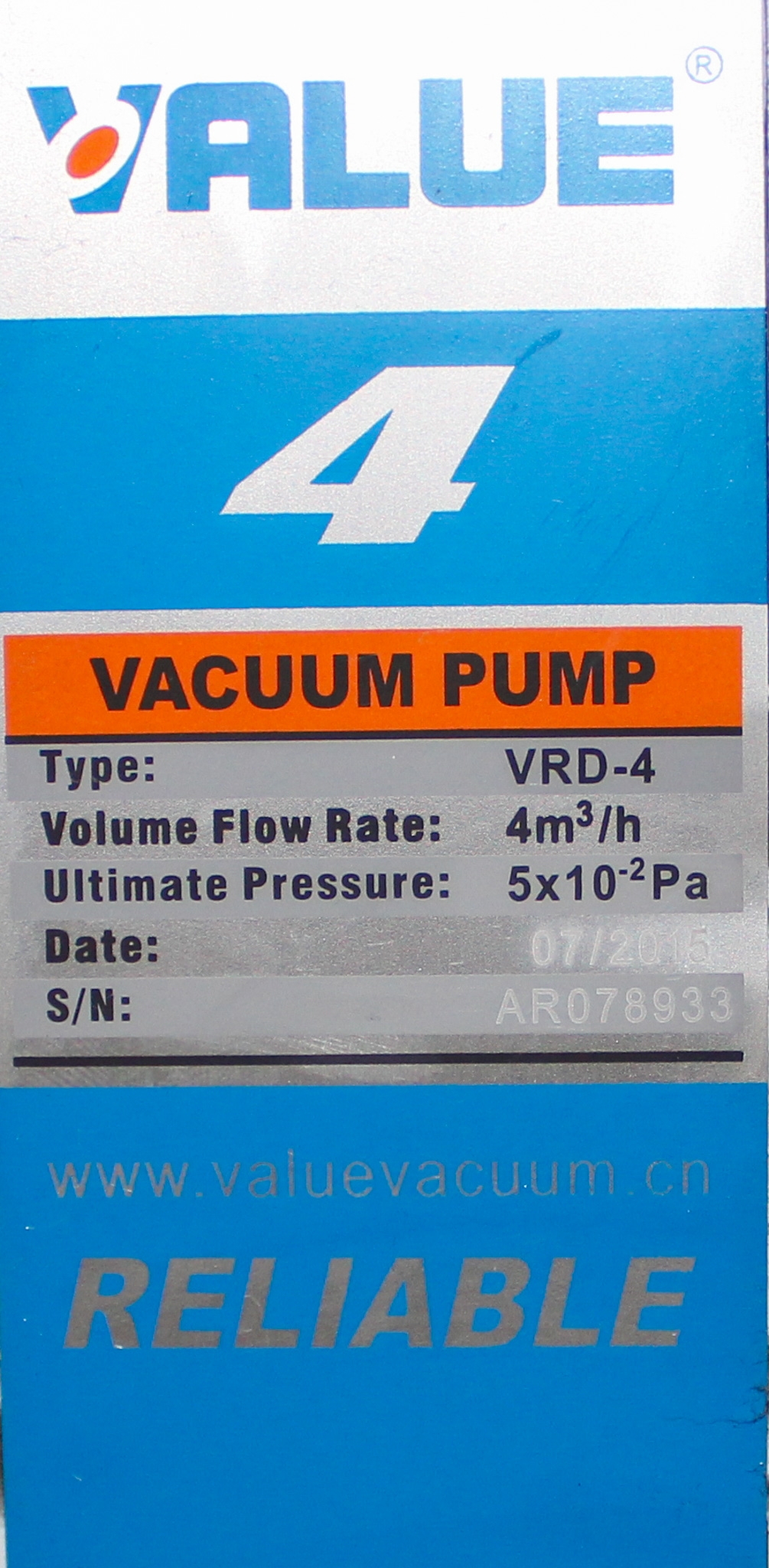 Value VRD-4 Dual Stage Vacuum Pump 4m3/h with Adjustable Gas Ballast, Used