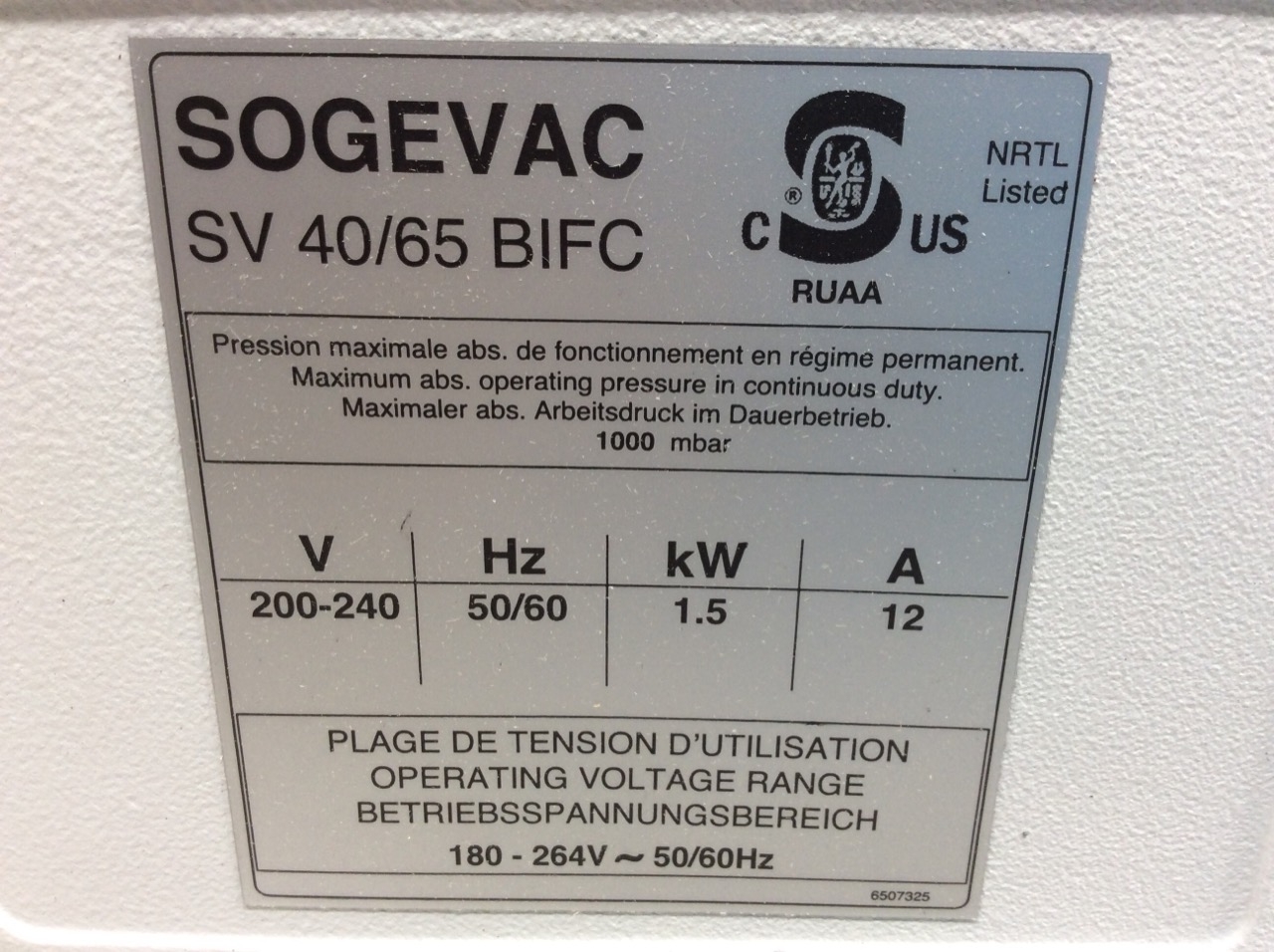 Sogevac SV65 BI FC Vacuum Pump 22.7/27.7 cfm Single Stage Oil Sealed