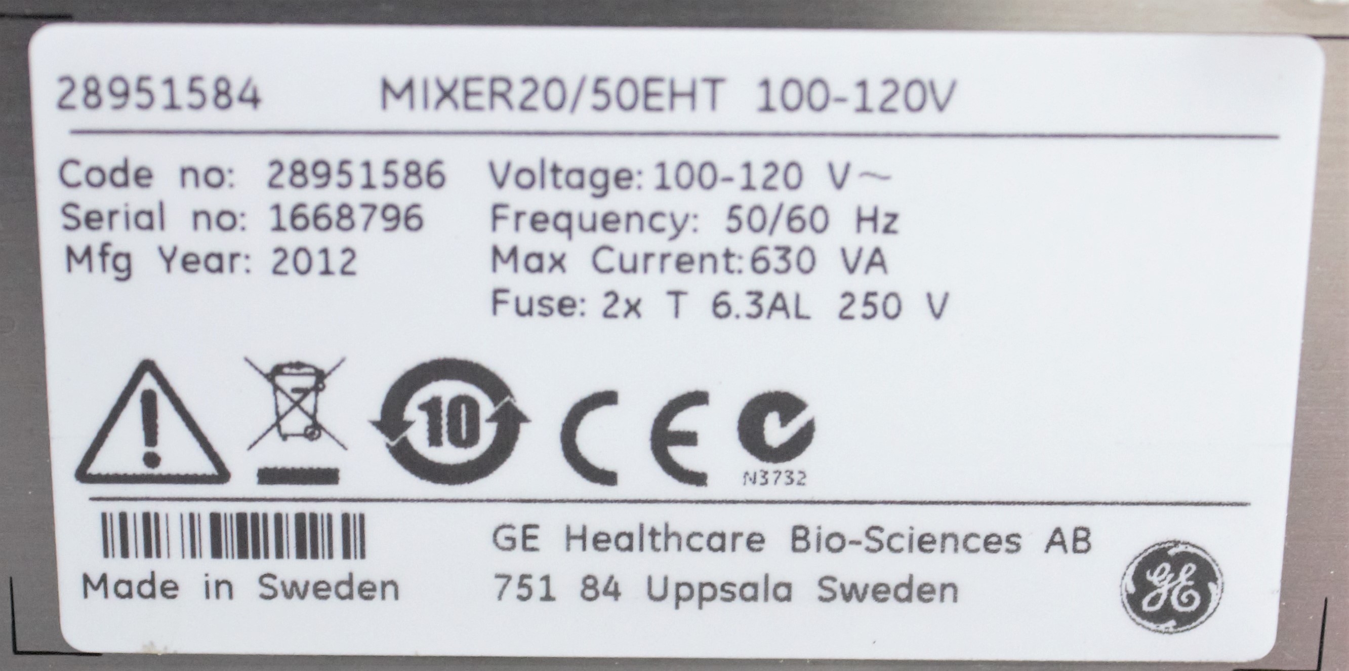 GE Mixer20/50EHT Single Use Mixer Touch Screen Controller 120V 50Hz/60Hz
