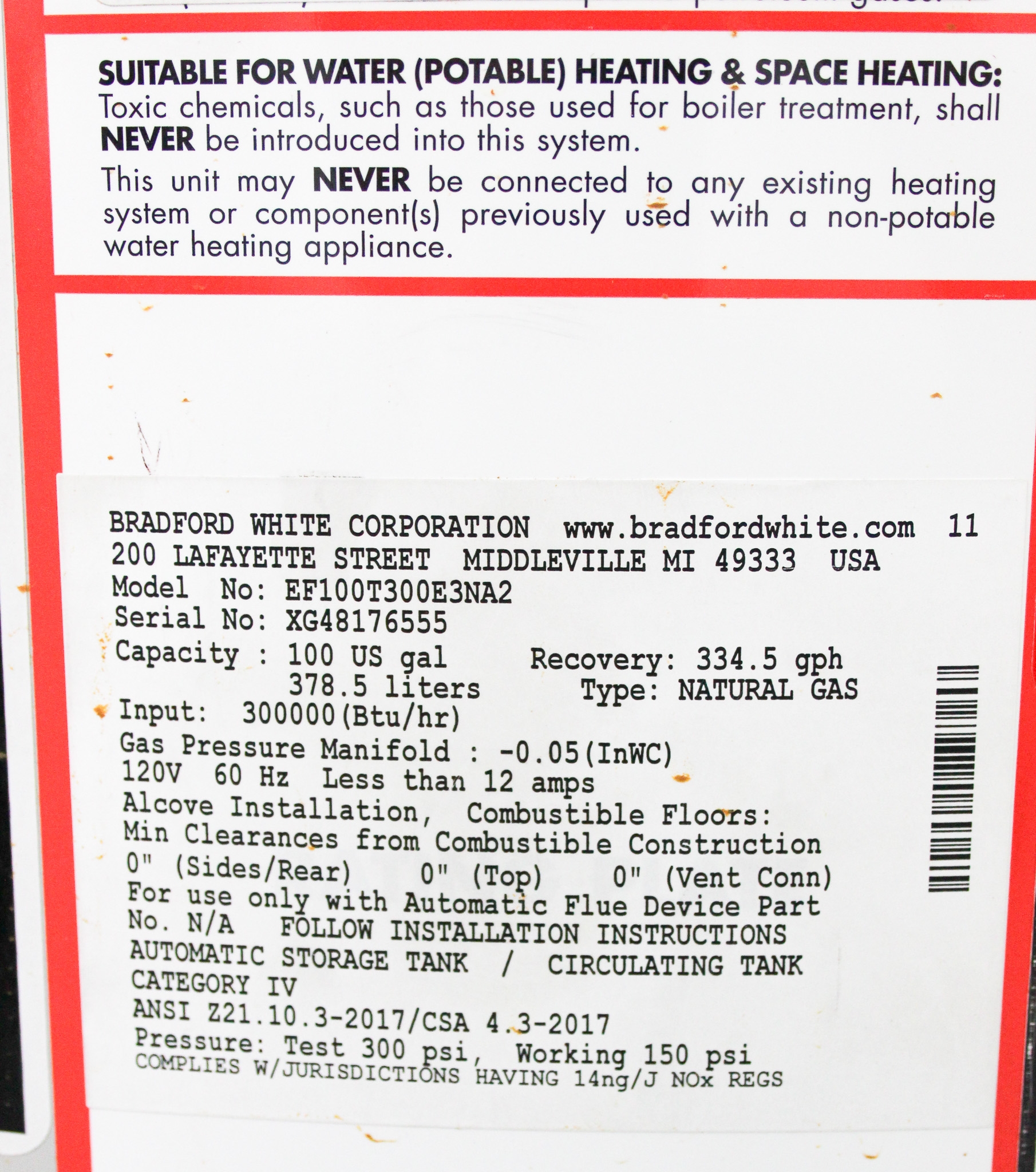 Bradford White EF100T300E3NA2 Commercial Gas Water Heater