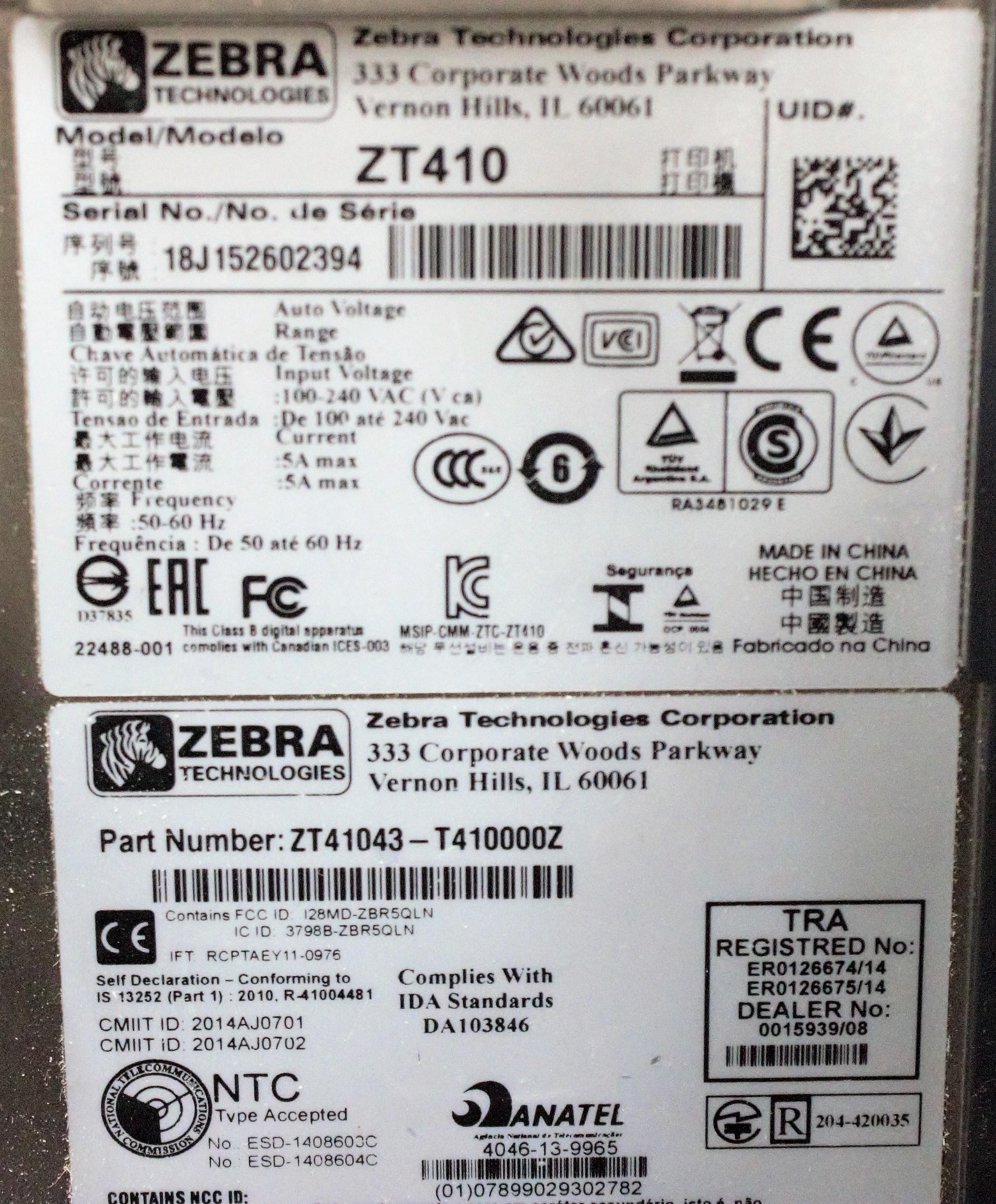Zebra ZT410 Label Printer 4" Wide Label 14" per Sec Ethernet USB