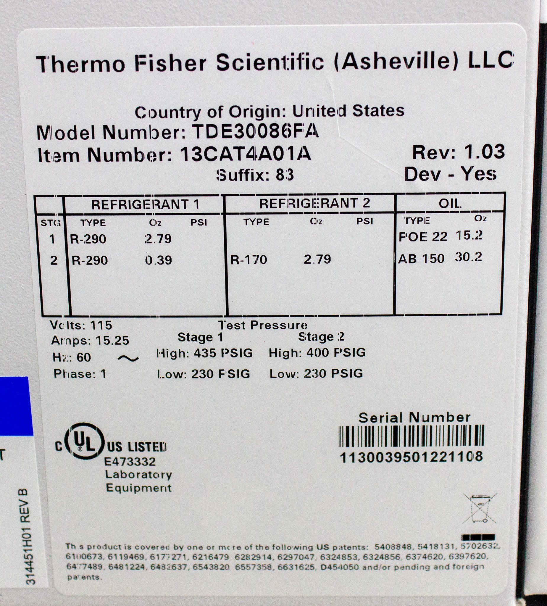 Thermo TDE30086FA Ultra Low Freezer -80C, 422L, Energy Efficient